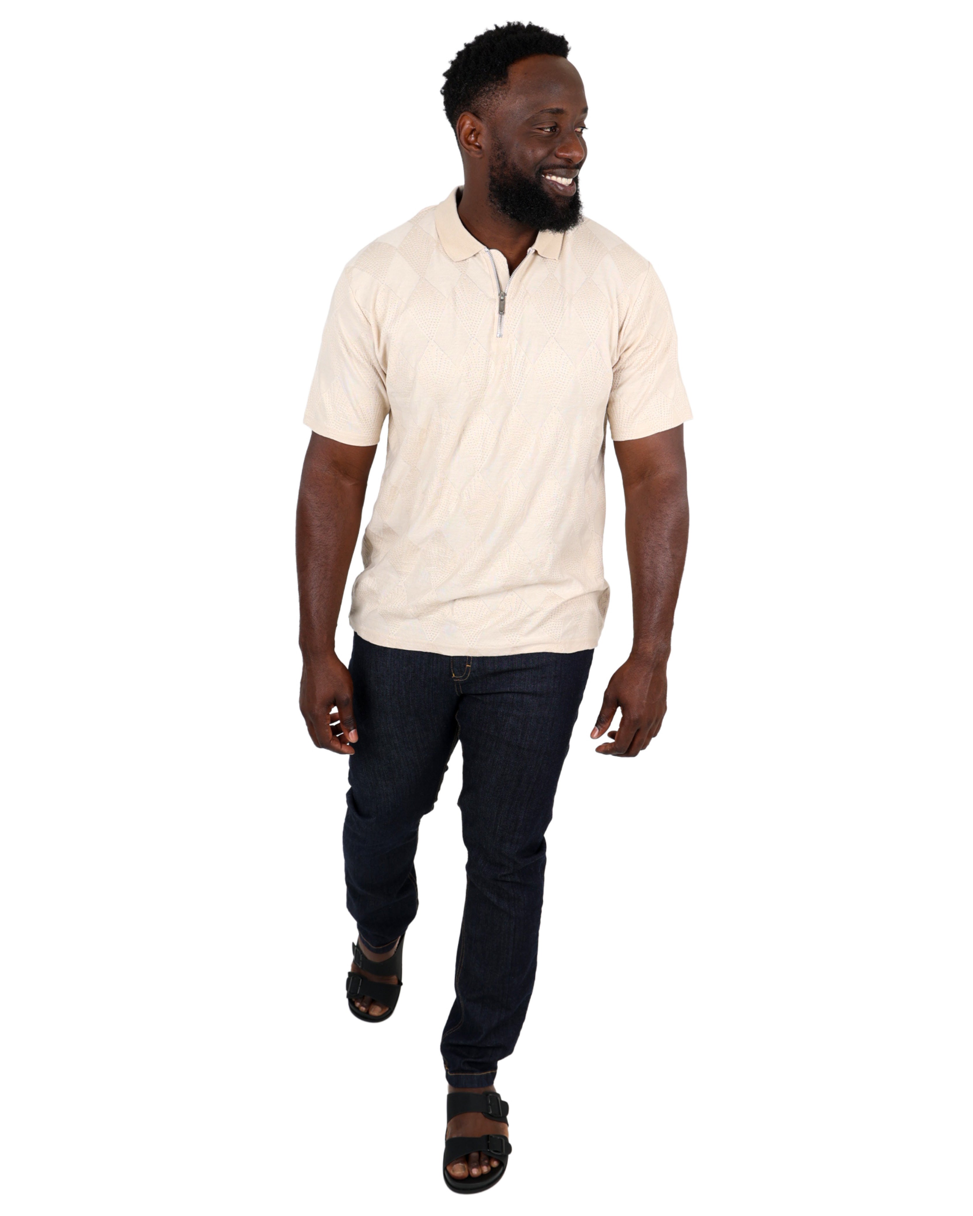 Short Sleeve Stone Zip Up Jacquard Golfer