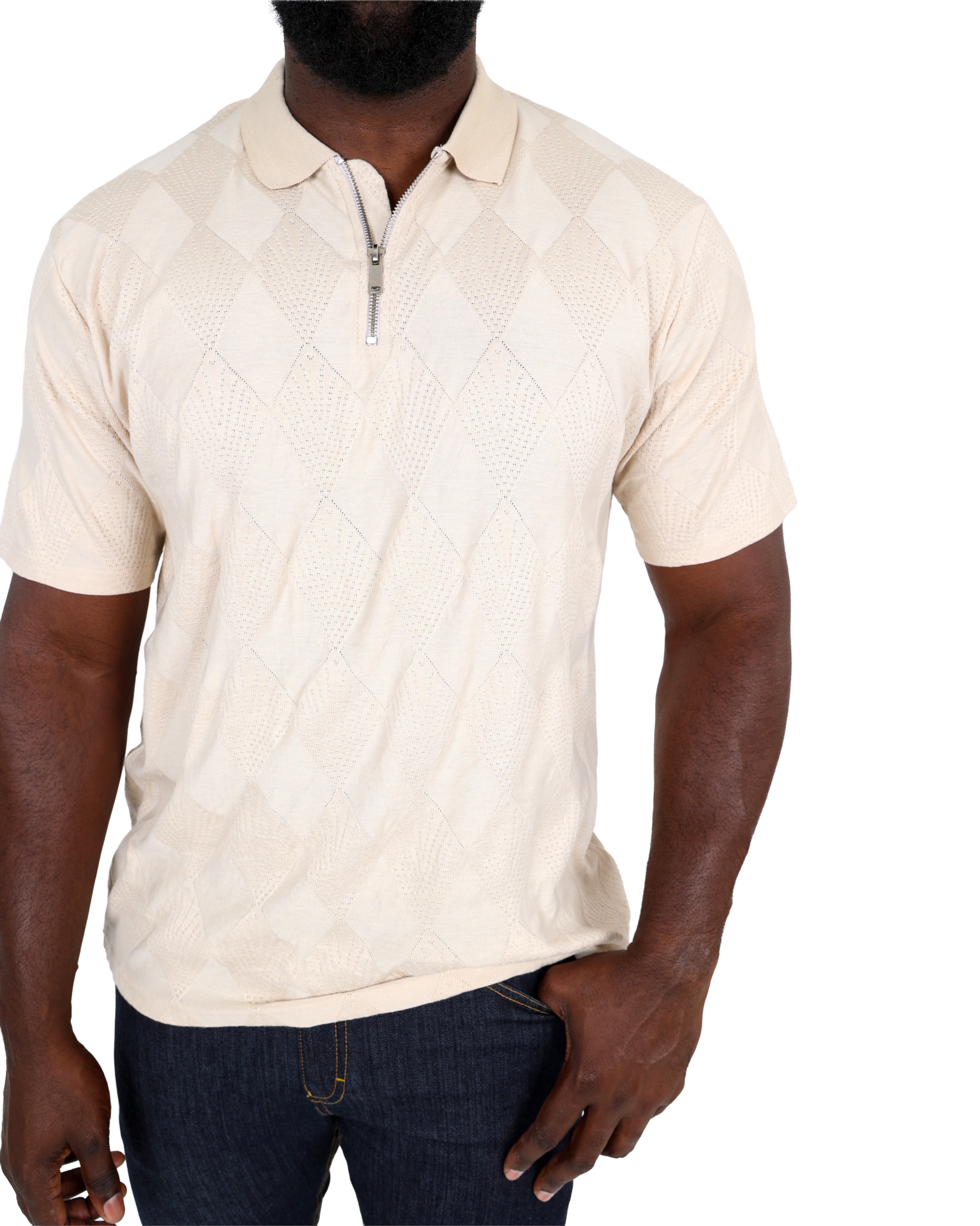Short Sleeve Stone Zip Up Jacquard Golfer