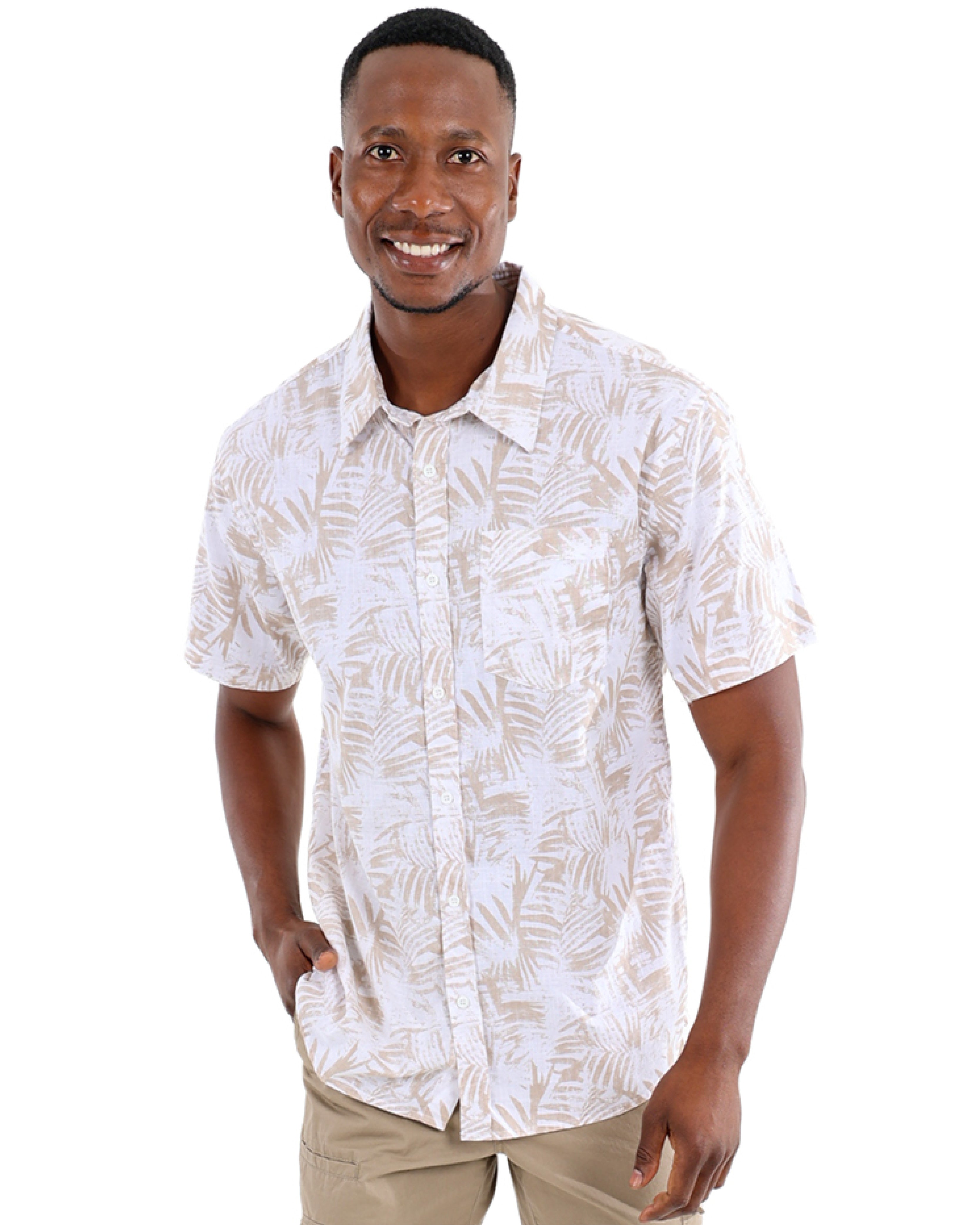 Short Sleeve Cotton Slub Leaf Pattern Shirt