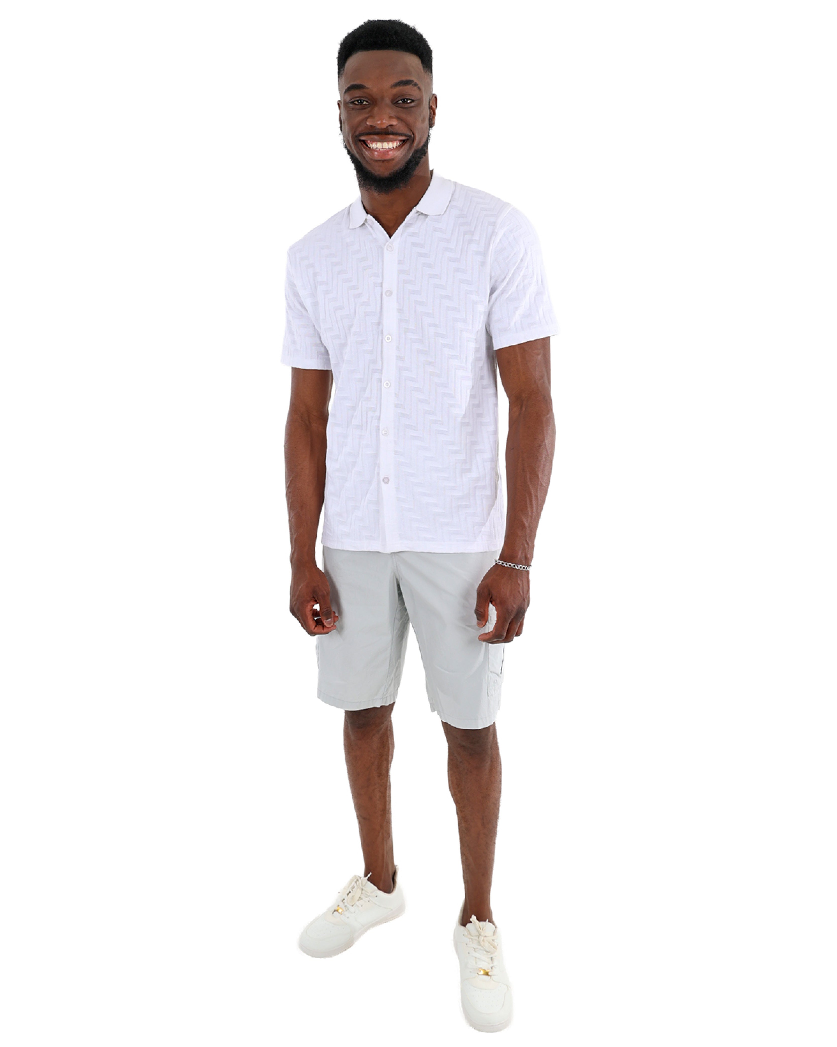 Short Sleeve Button Up White Jacquard Golfer