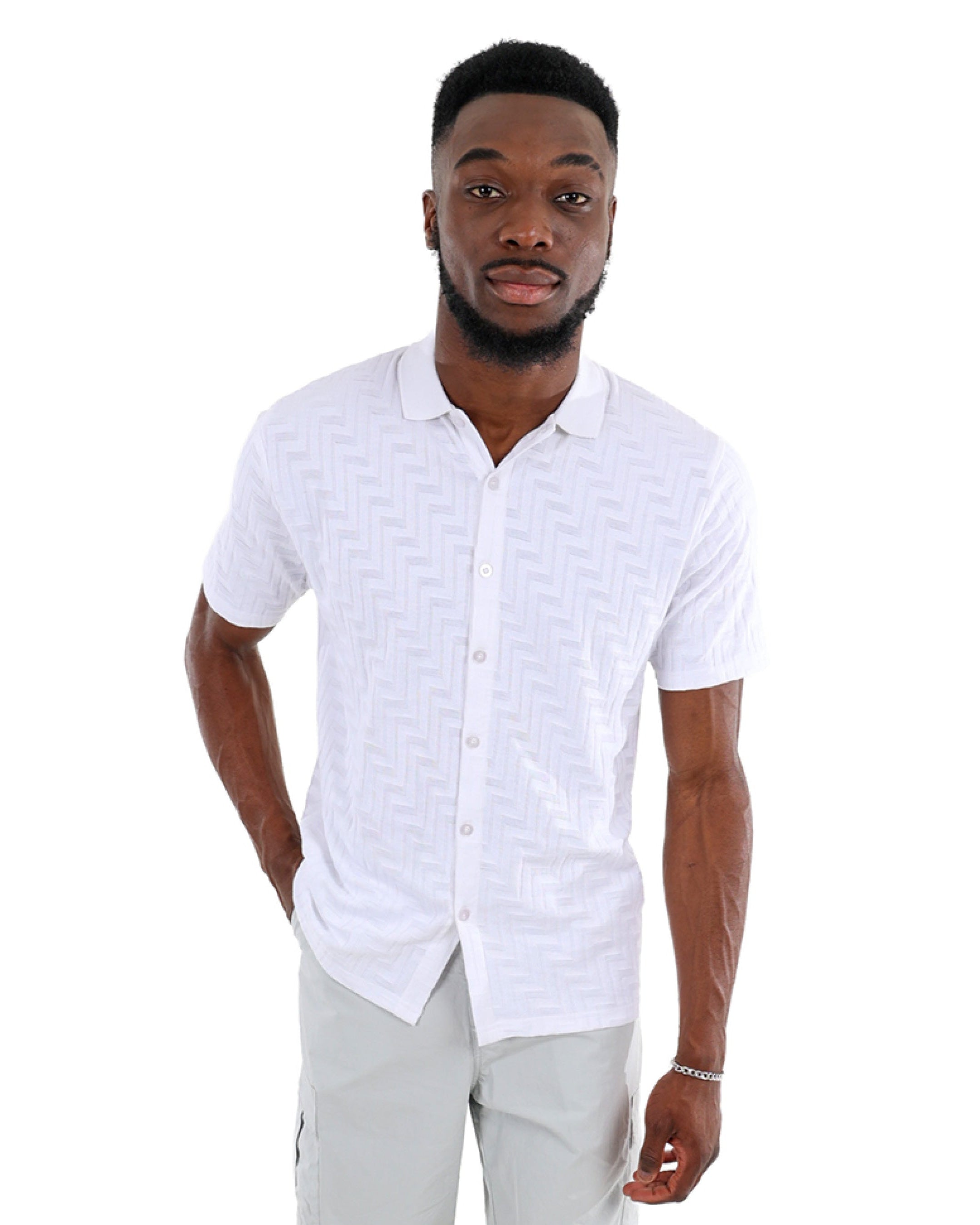 Short Sleeve Button Up White Jacquard Golfer