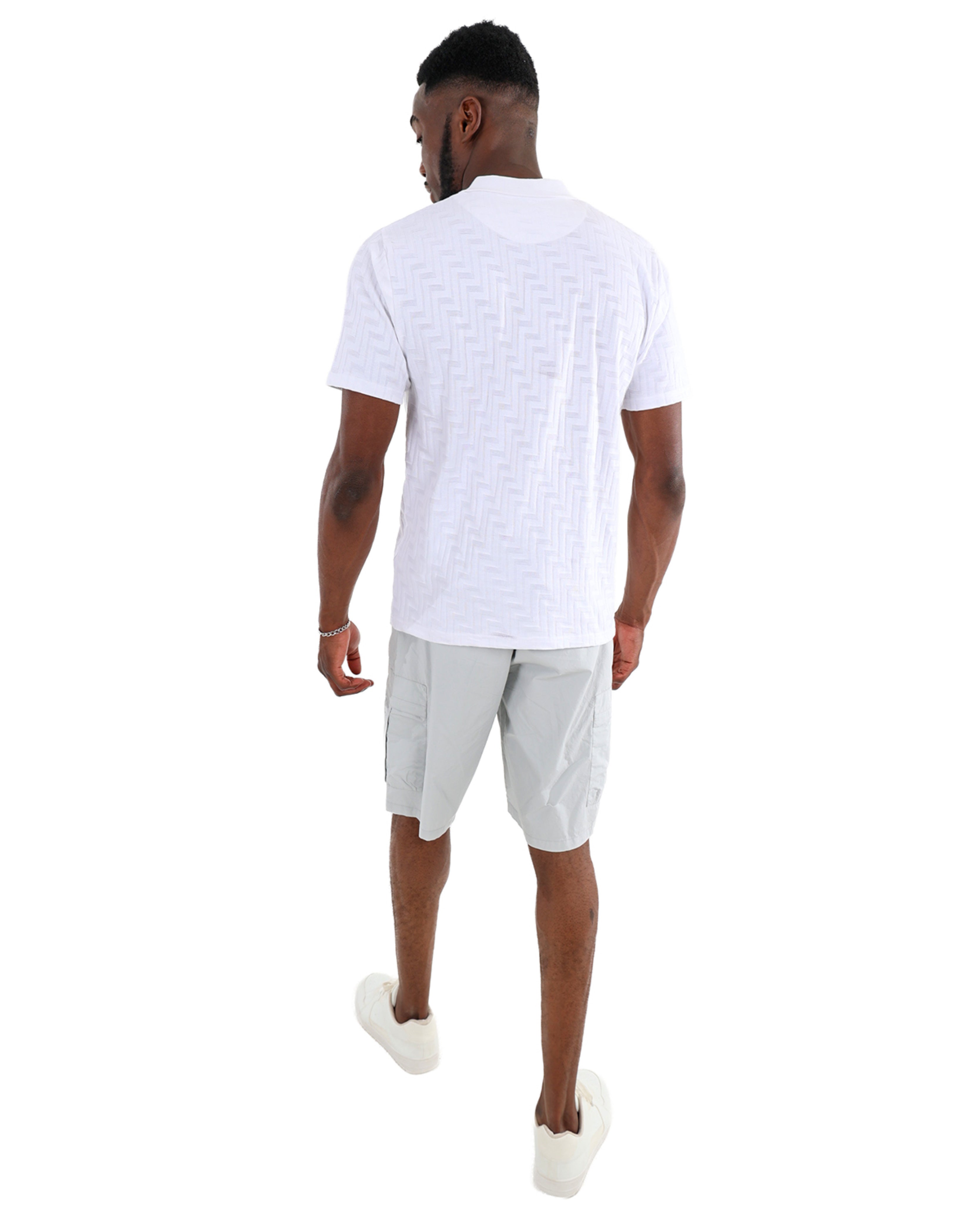 Short Sleeve Button Up White Jacquard Golfer
