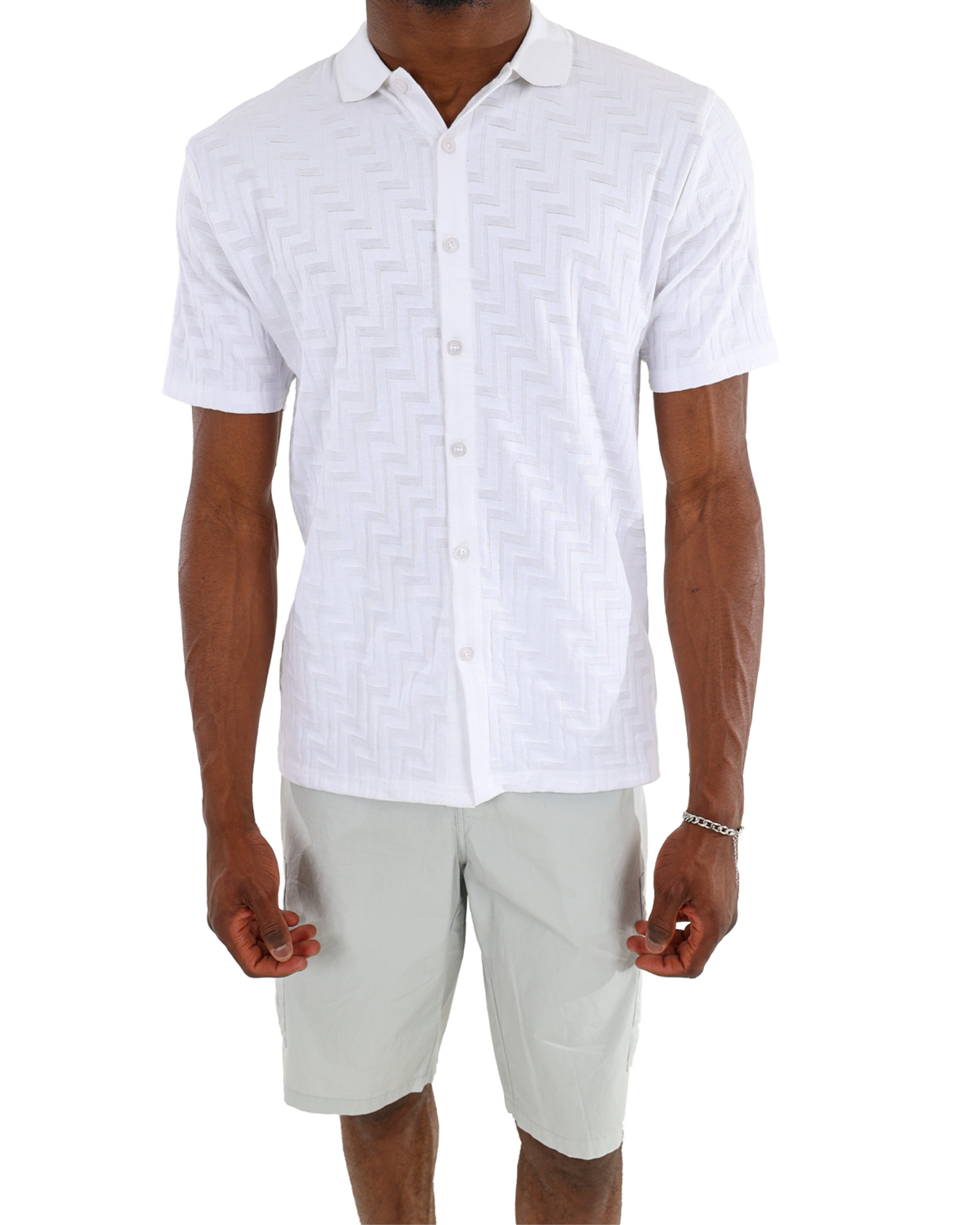 Short Sleeve Button Up White Jacquard Golfer
