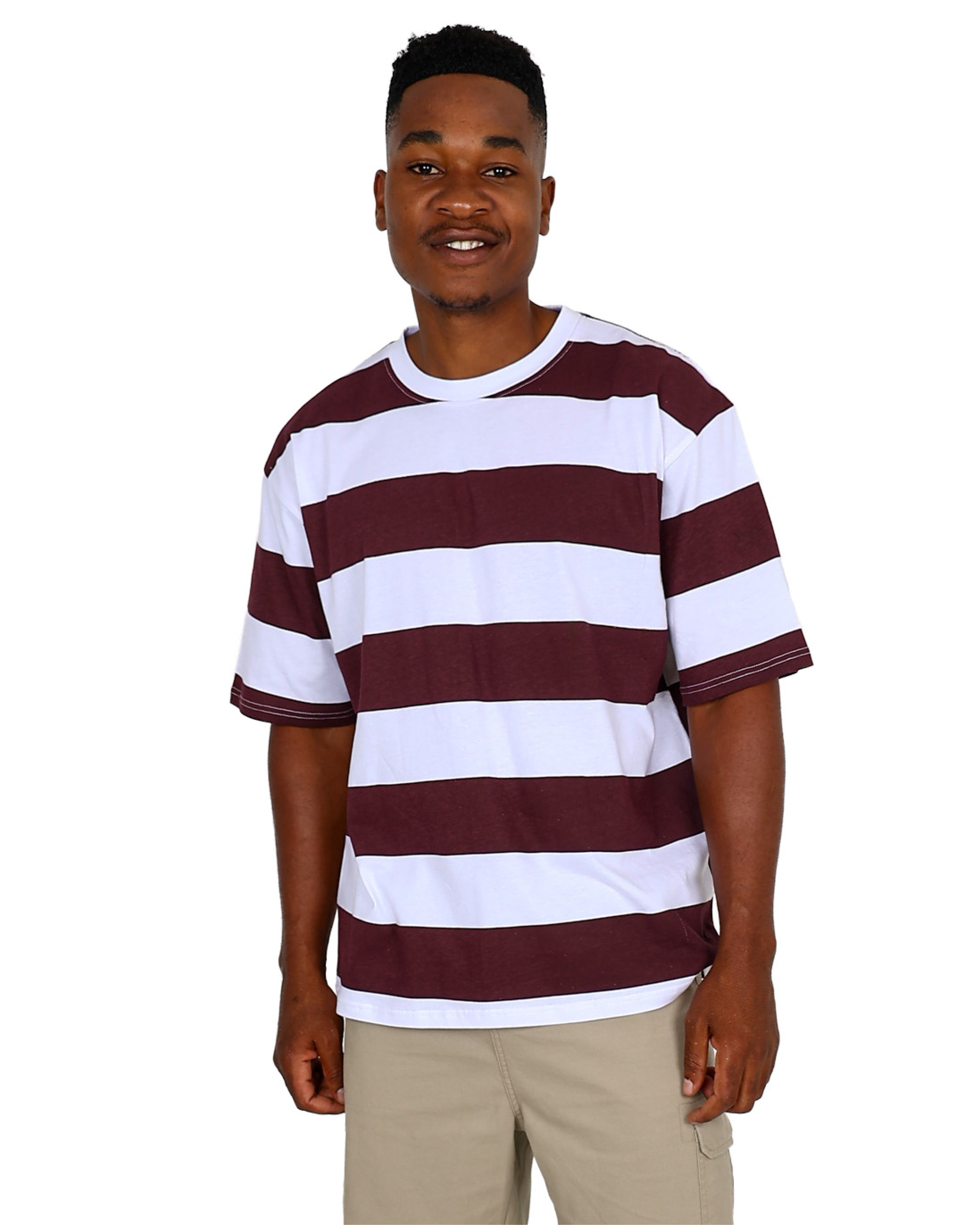 Short Sleeve Burgundy Wide Stripe Cotton T-Shirt