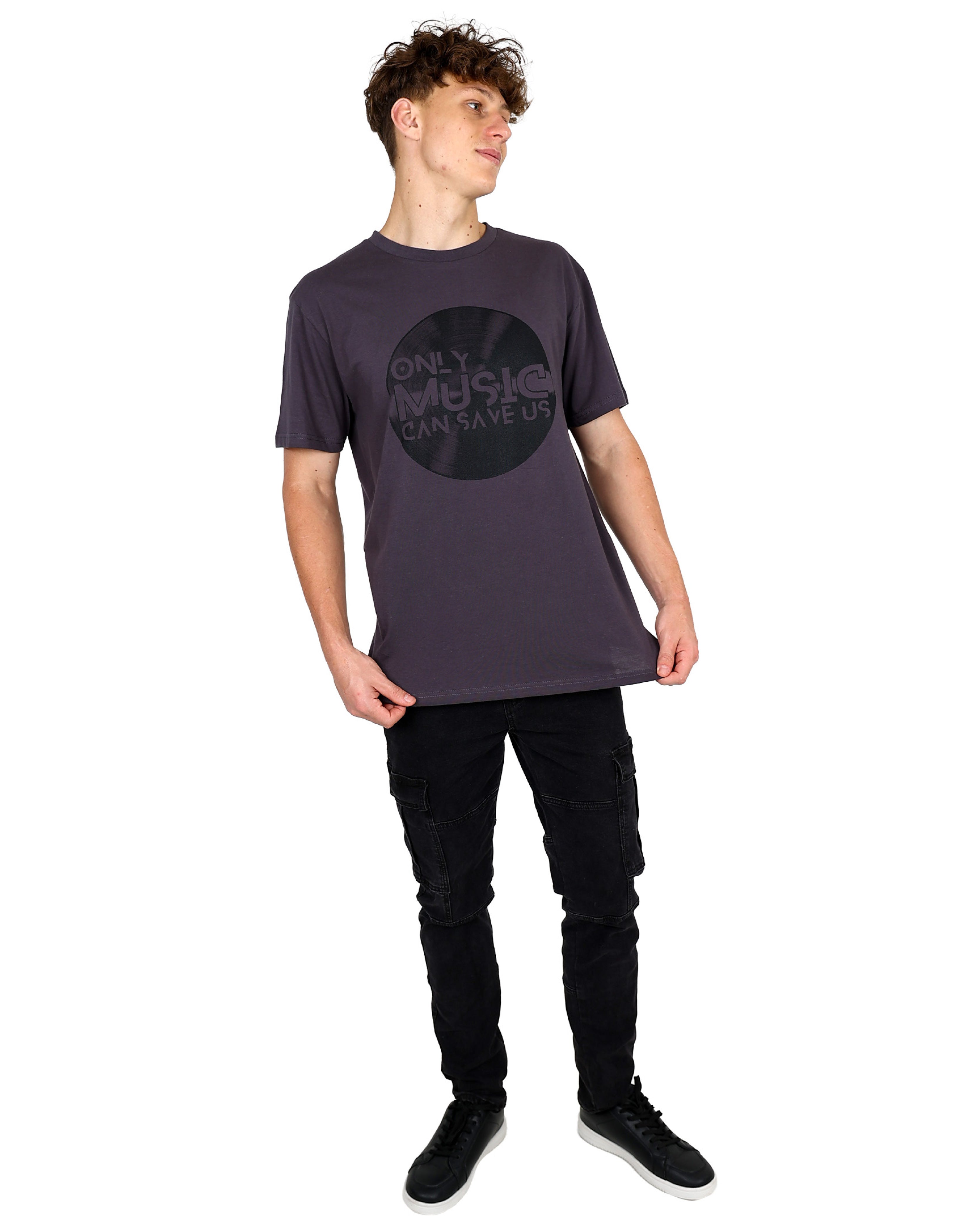 Short Sleeve Charcoal "Only Music Can Save Us" Graphic T-Shirt