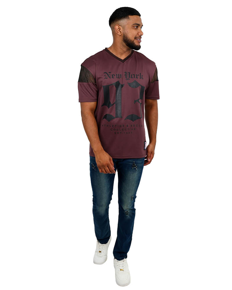Short Sleeve Burgundy Mesh New York 93 Graphic T-shirt