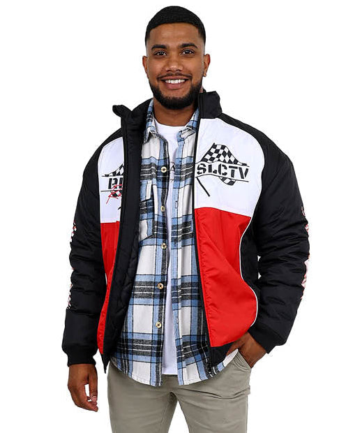 Black & Red Colour Block Racing Inspired Bomber Jacket