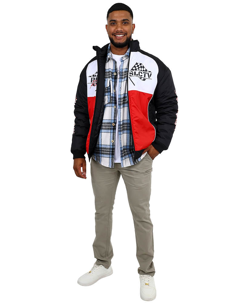 Black & Red Colour Block Racing Inspired Bomber Jacket