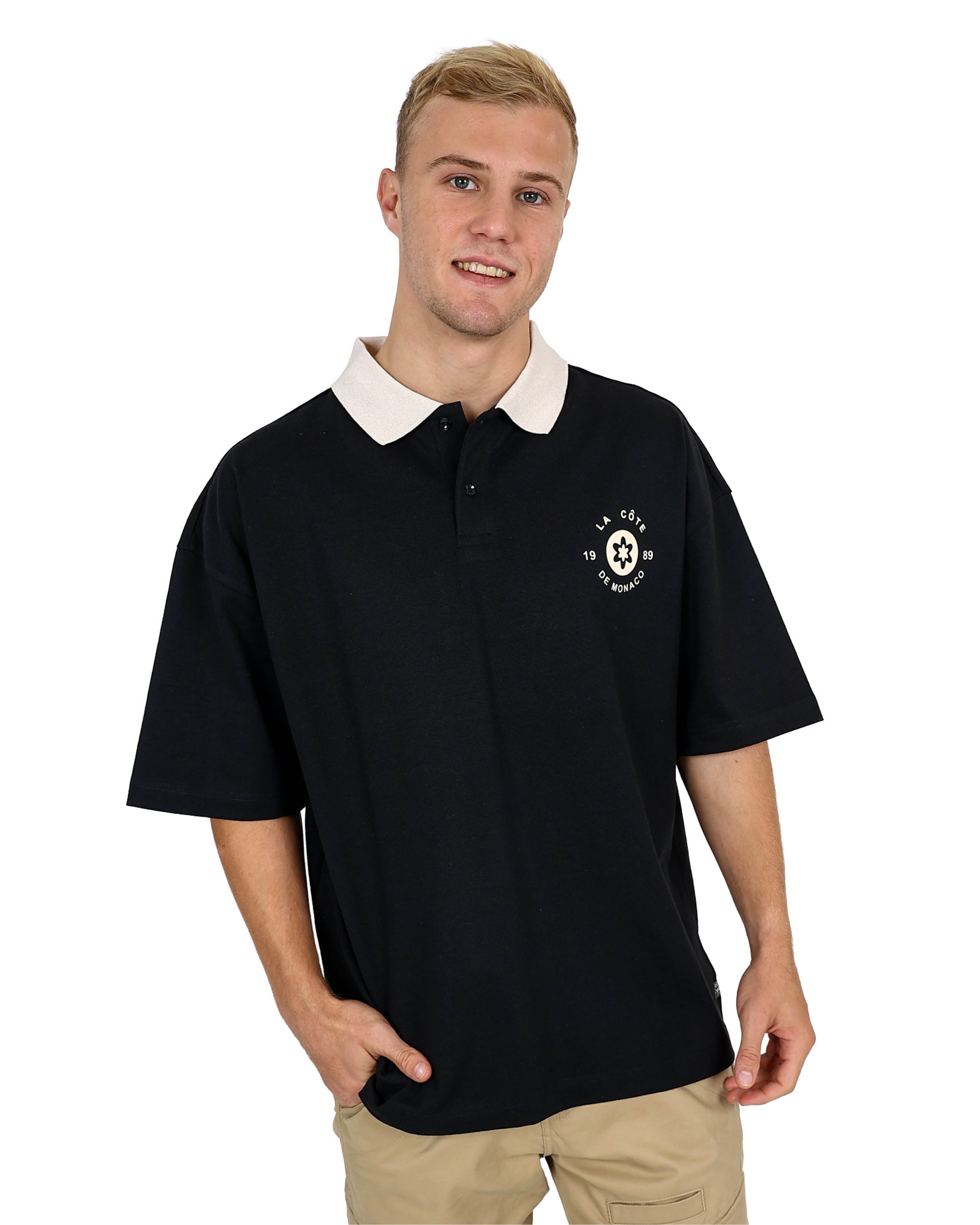 Short Sleeve Black Monaco Golfer with Contrast Collor