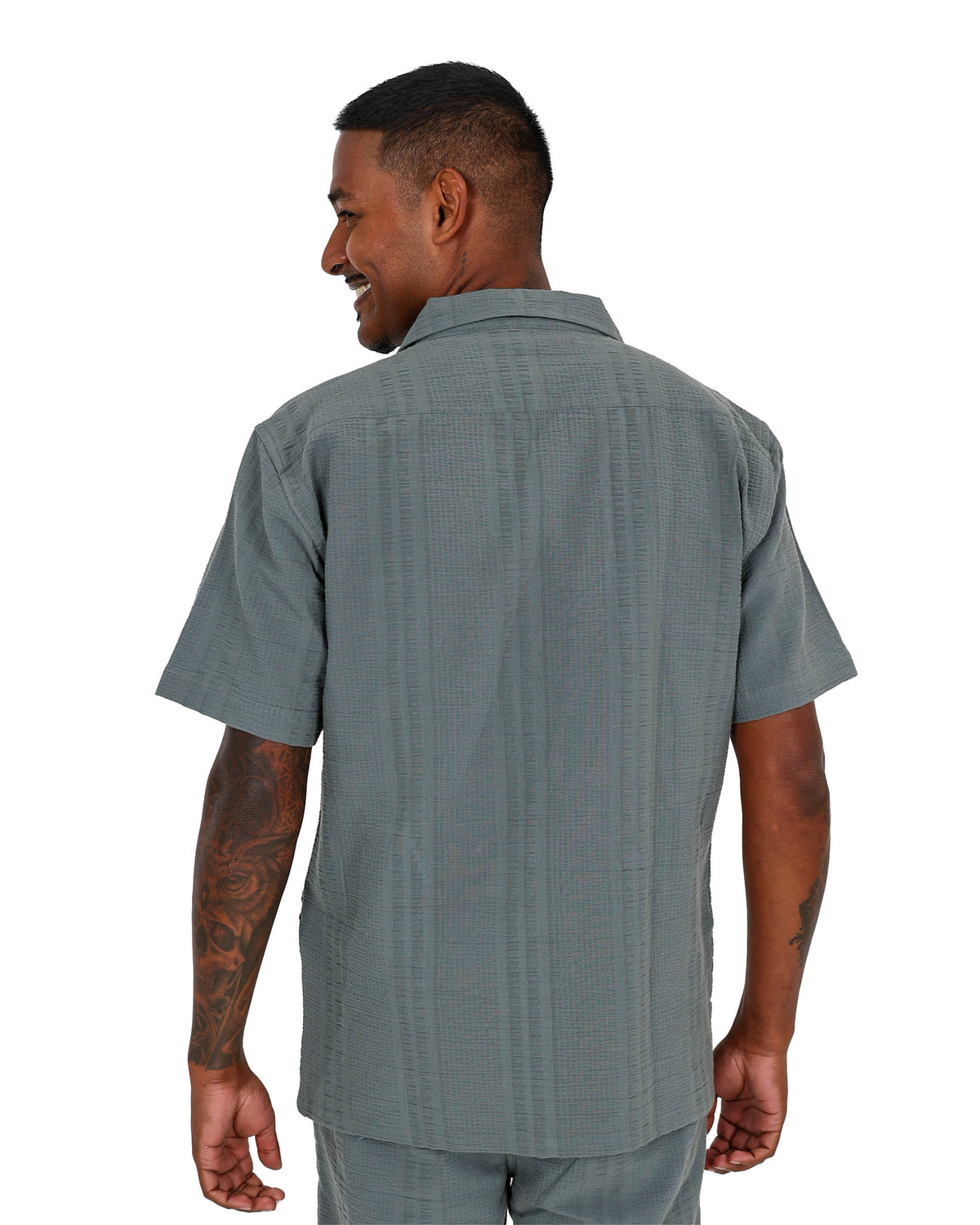Short Sleeve Sage Cotton Seersucker Shirt