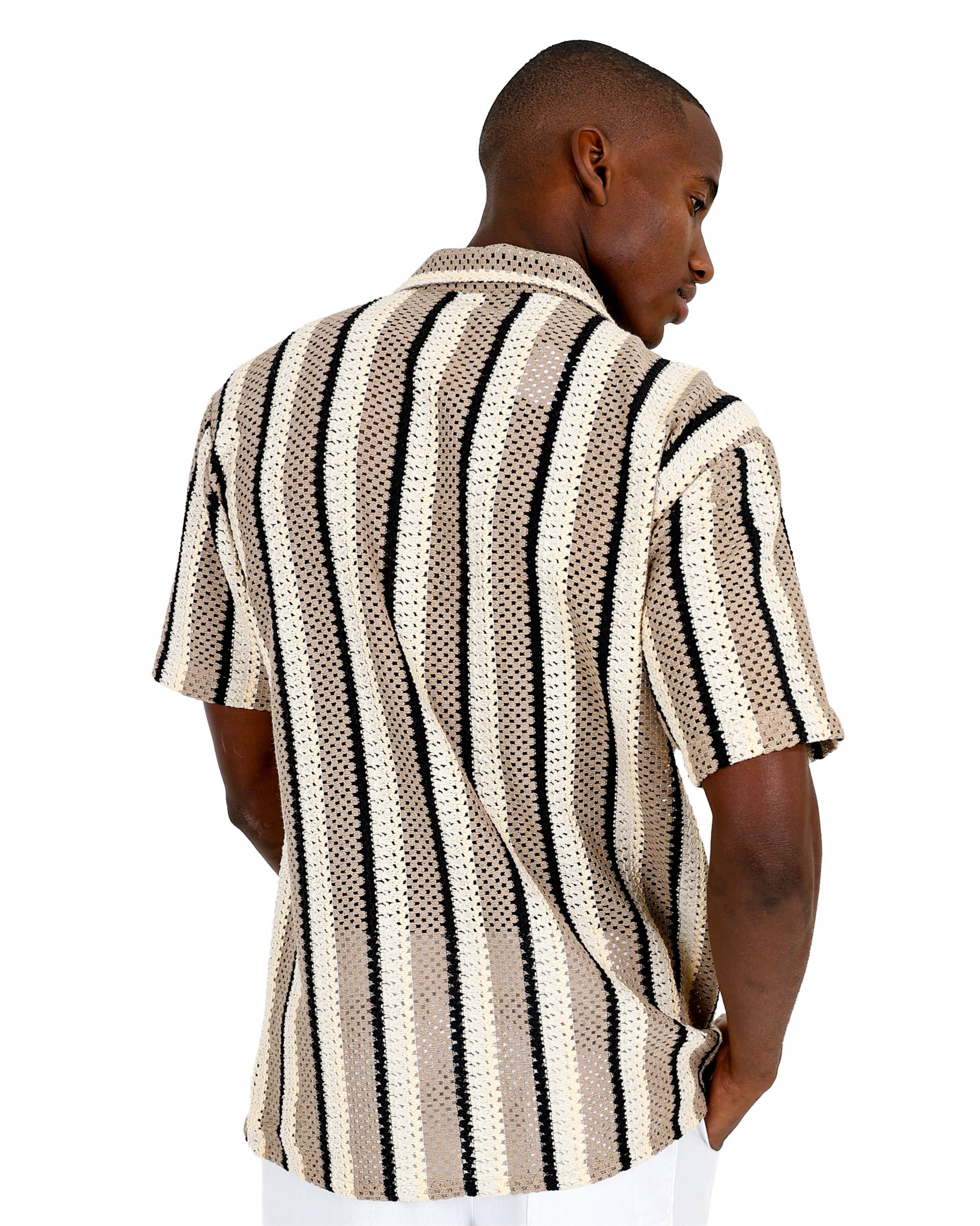 Short Sleeve Taupe & Cream Crochet Shirt