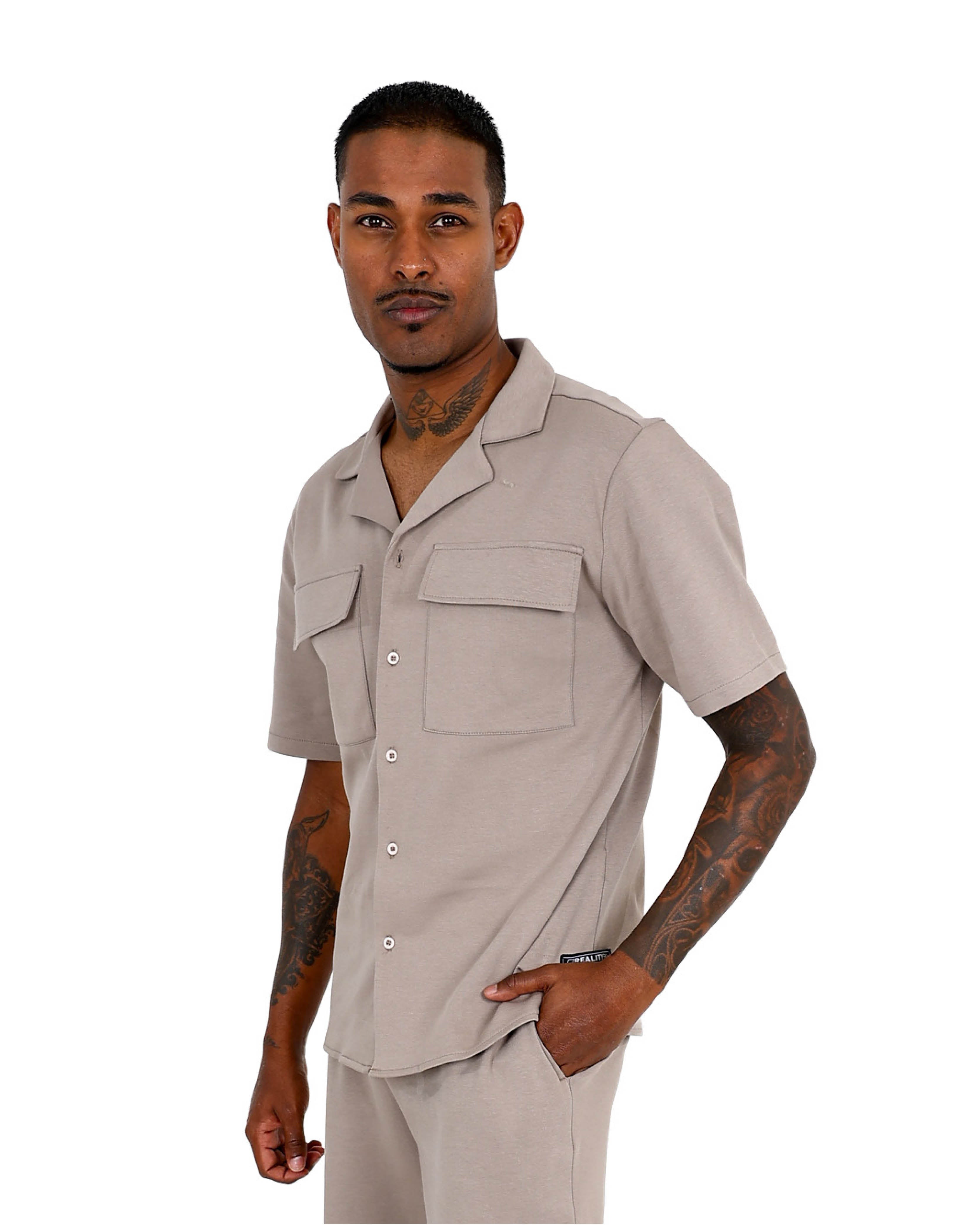 Short Sleeve Taupe Double Utility Pocket Shirt