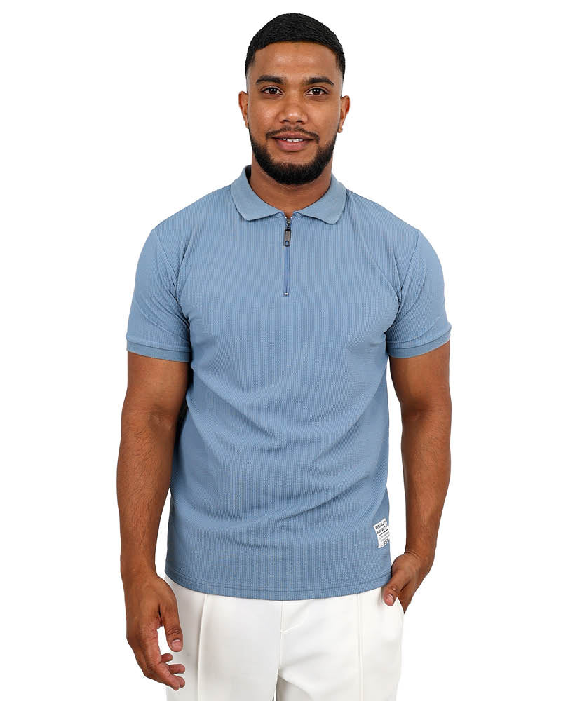 Blue Short Sleeve Textured Zip Up Golfer