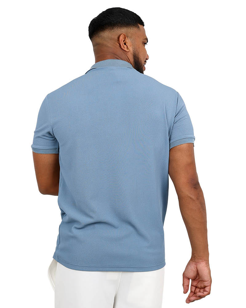 Blue Short Sleeve Textured Zip Up Golfer