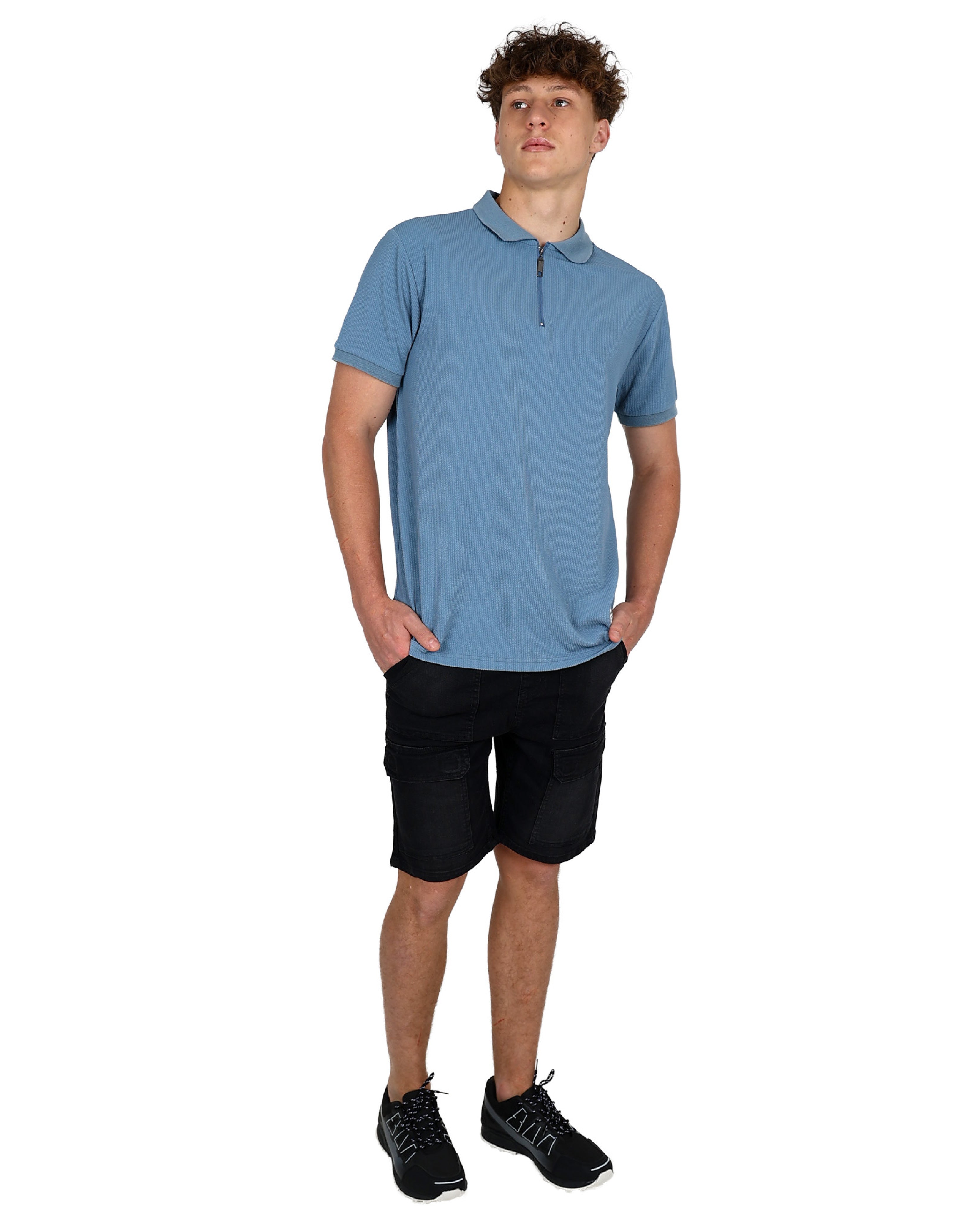 Blue Short Sleeve Textured Zip Up Golfer