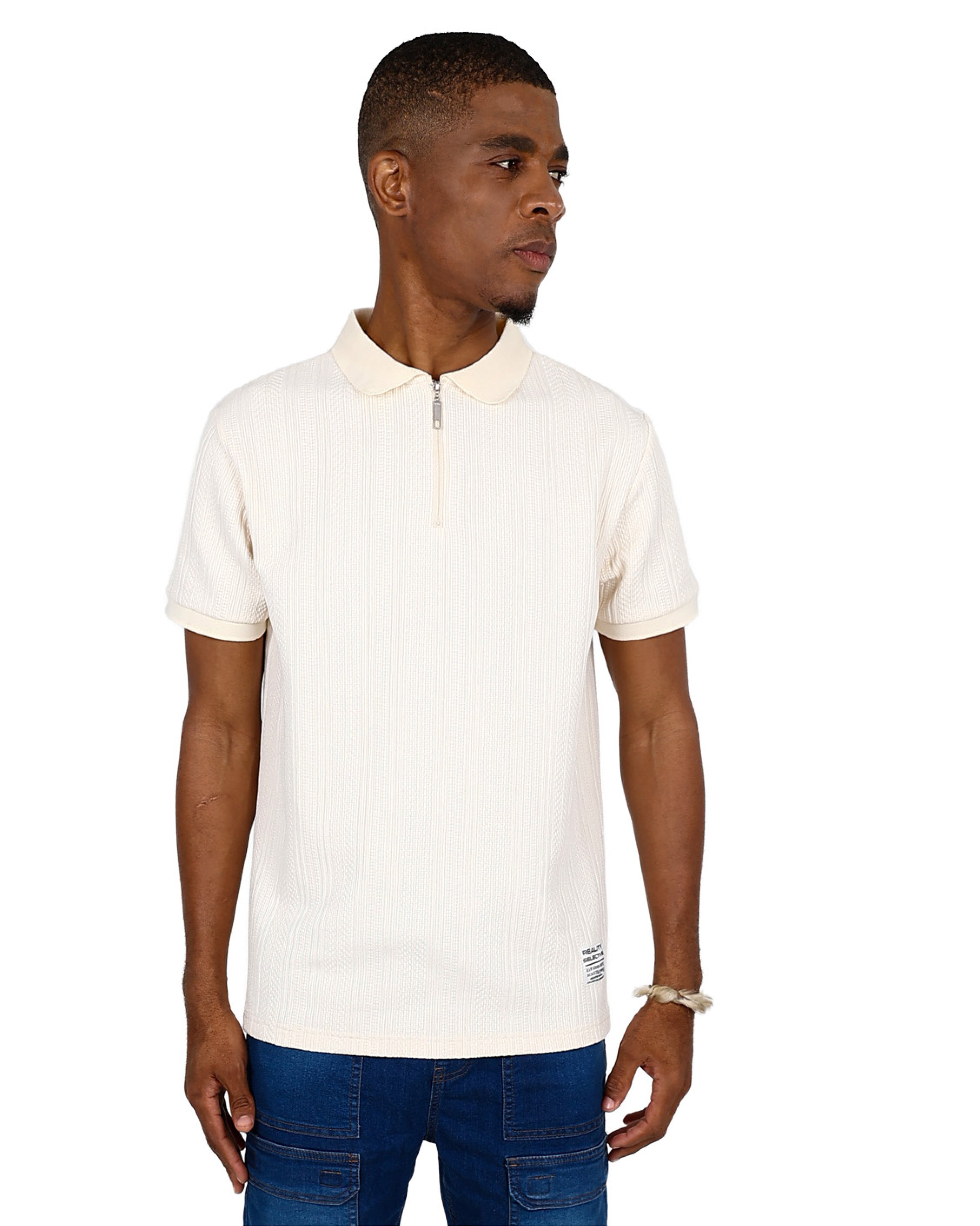 Short Sleeve Cream Textured Zip Up Golfer