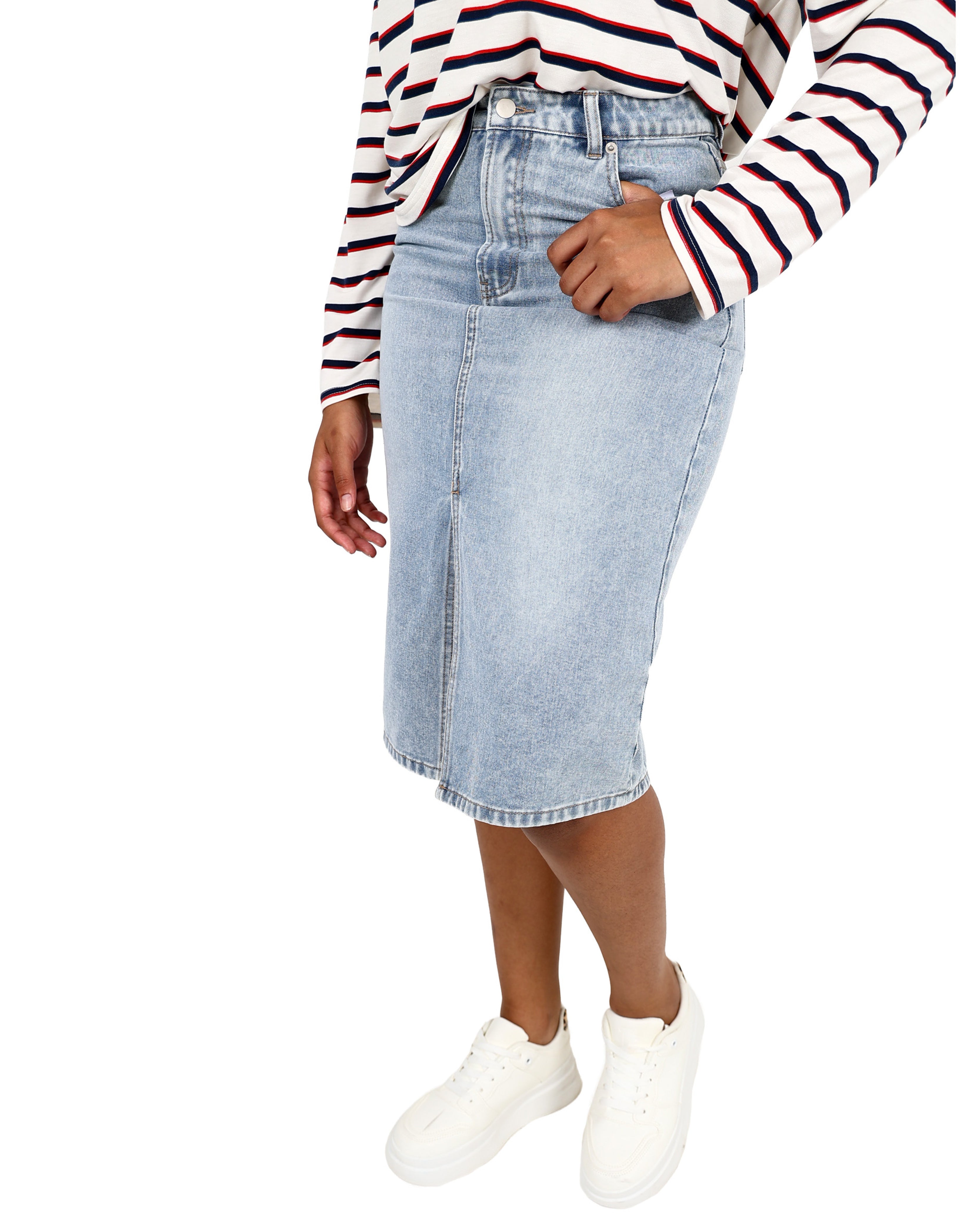 Light Indigo Denim Midi Skirt