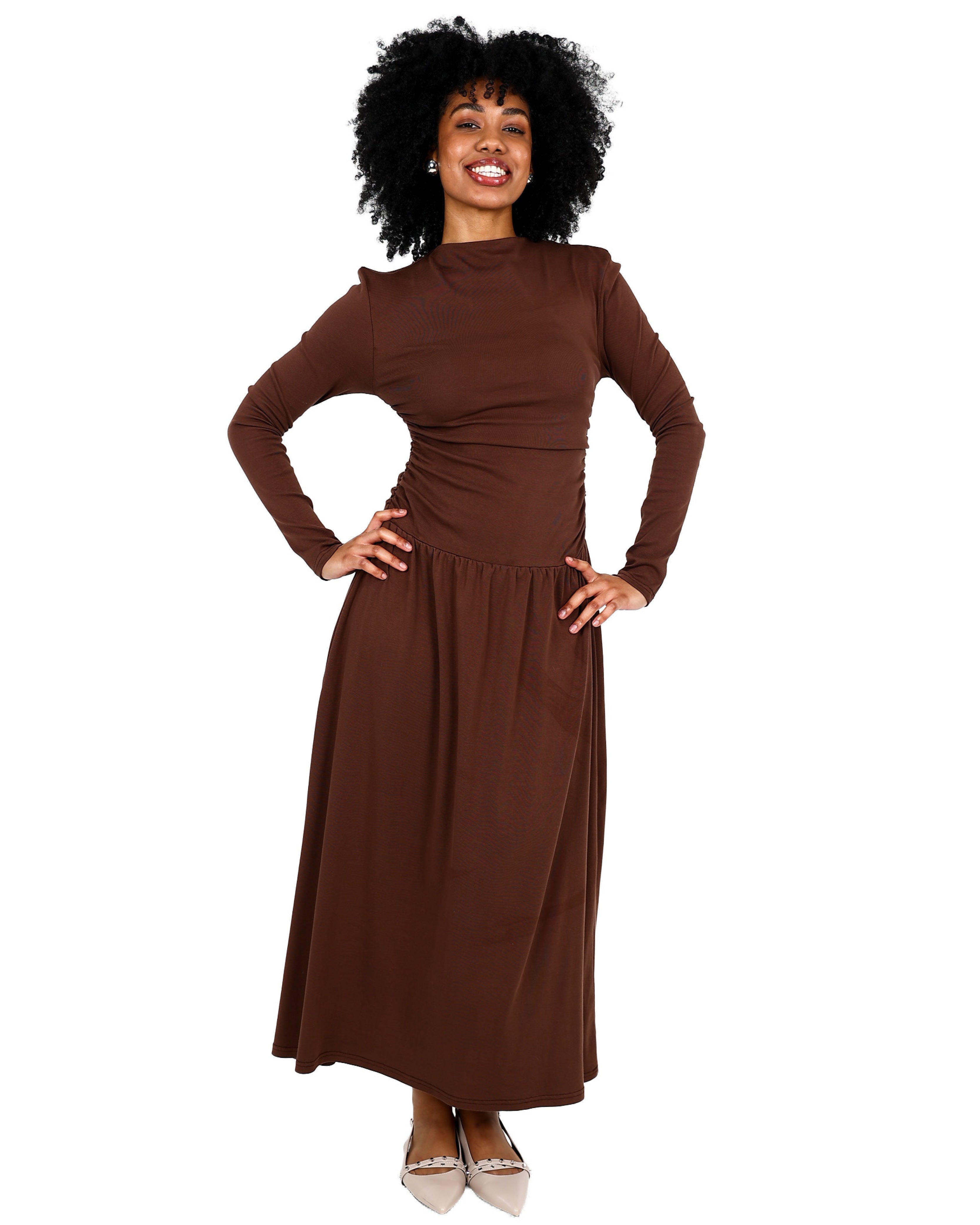 Dropped Waist Long Sleeve Chocolate Maxi Dress