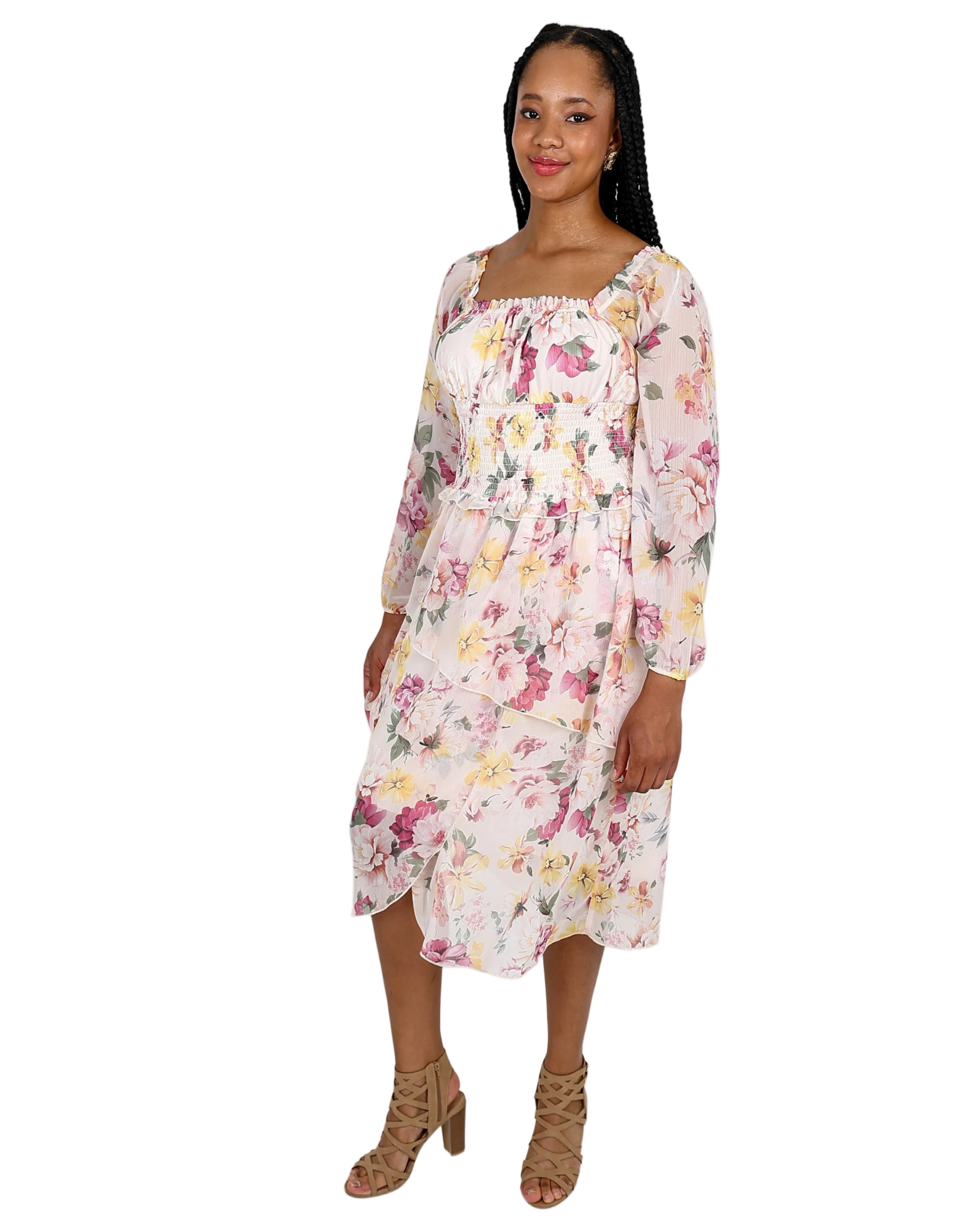 Long Sleeve Ruffle Floral Midi Dress