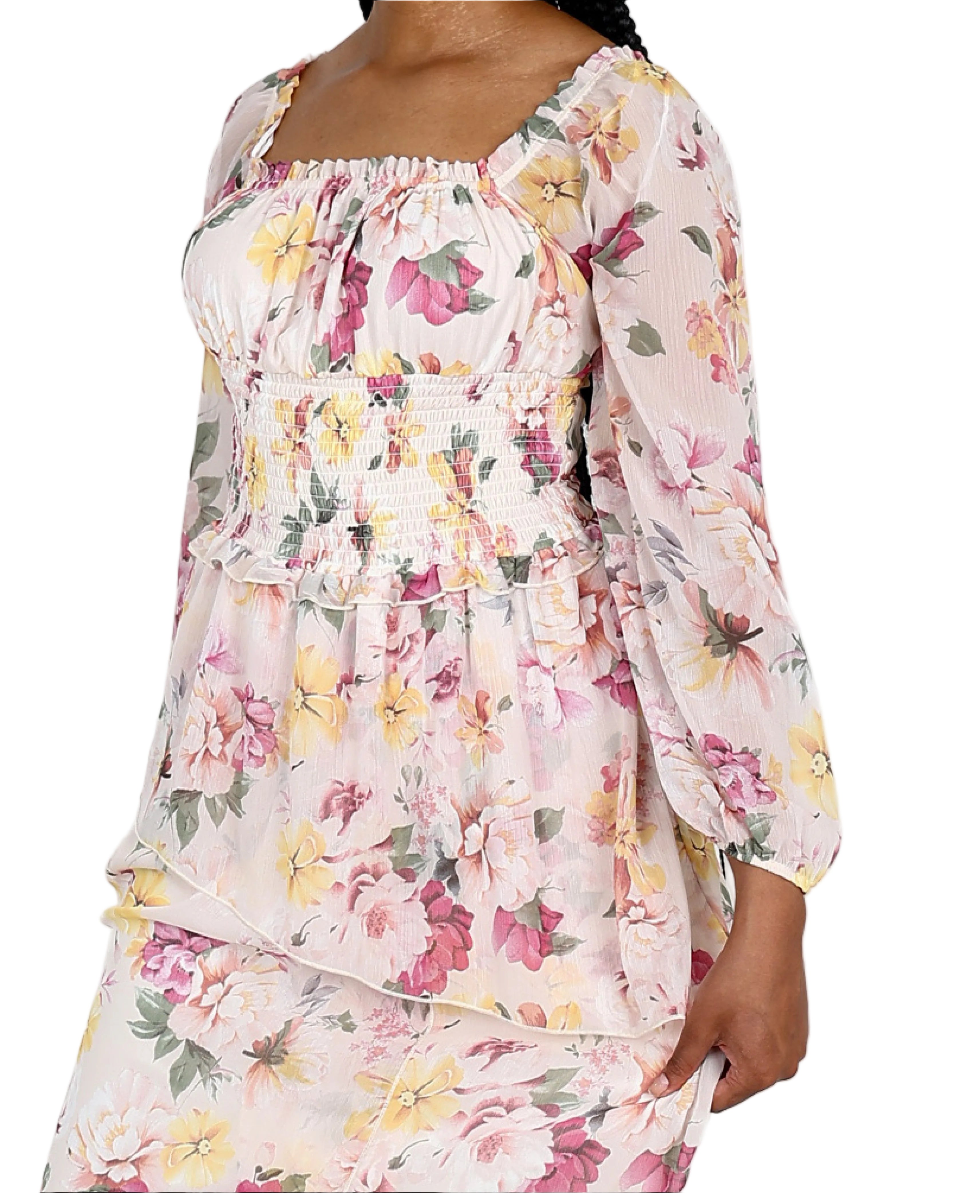 Long Sleeve Ruffle Floral Midi Dress