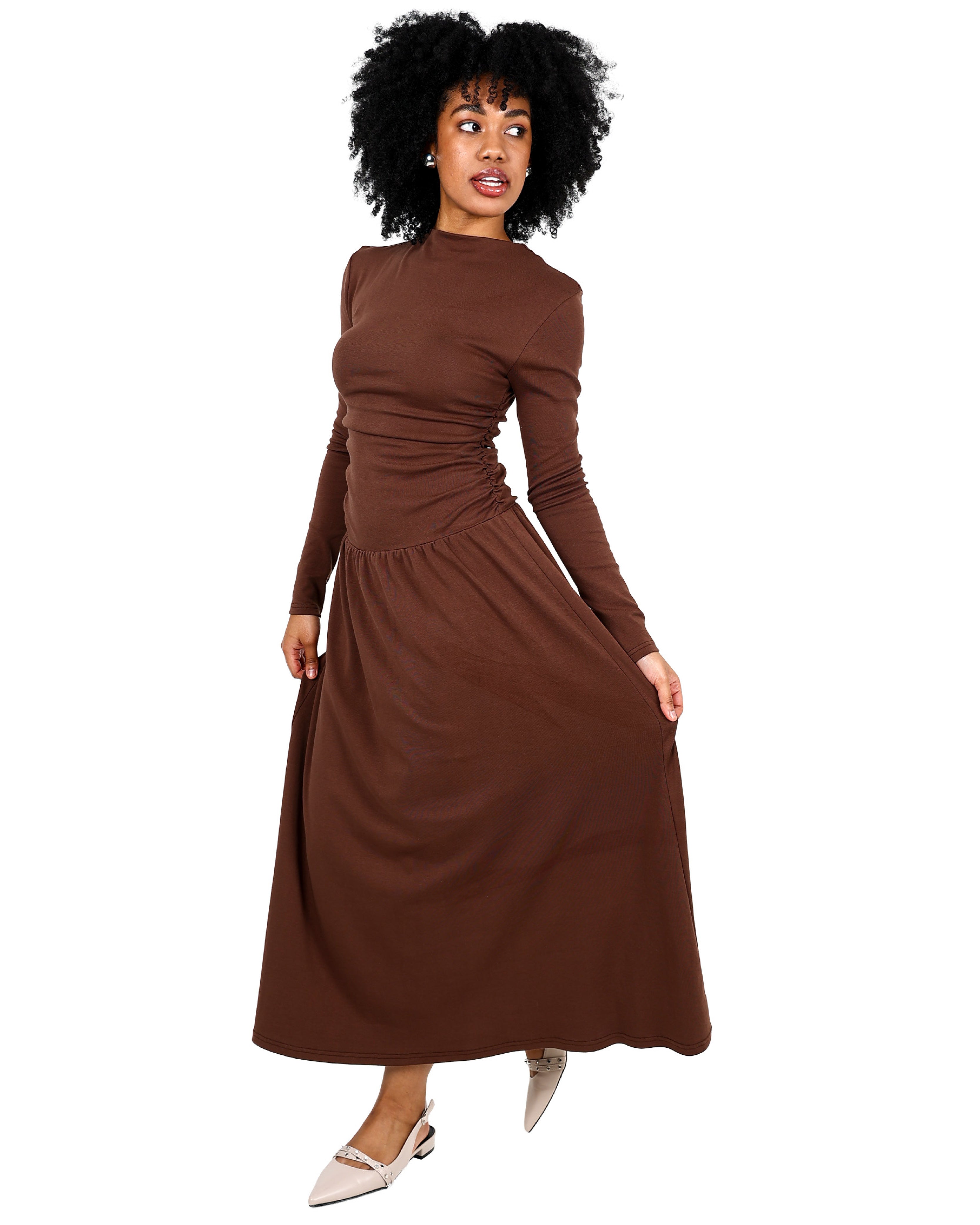 Dropped Waist Long Sleeve Chocolate Maxi Dress