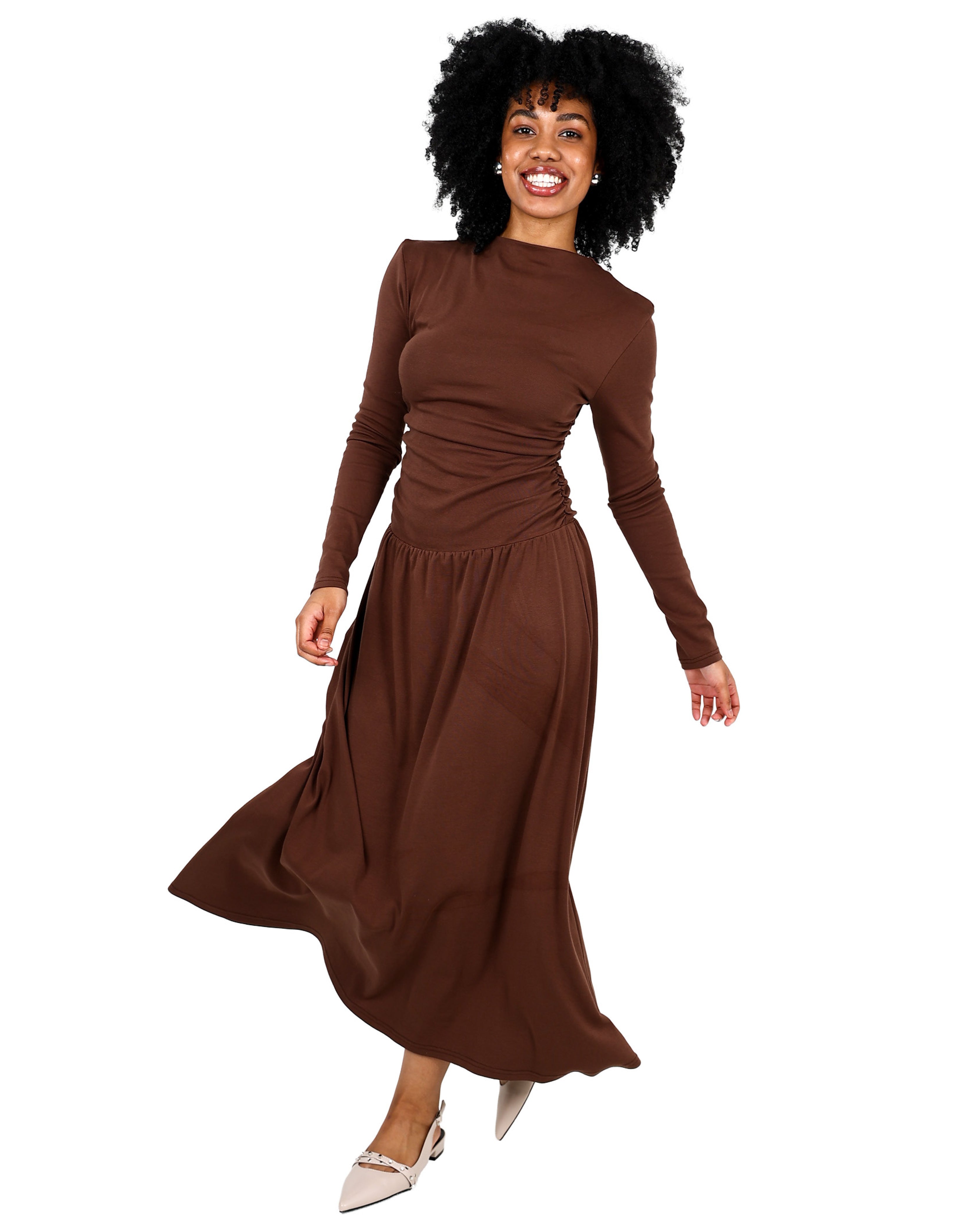 Dropped Waist Long Sleeve Chocolate Maxi Dress