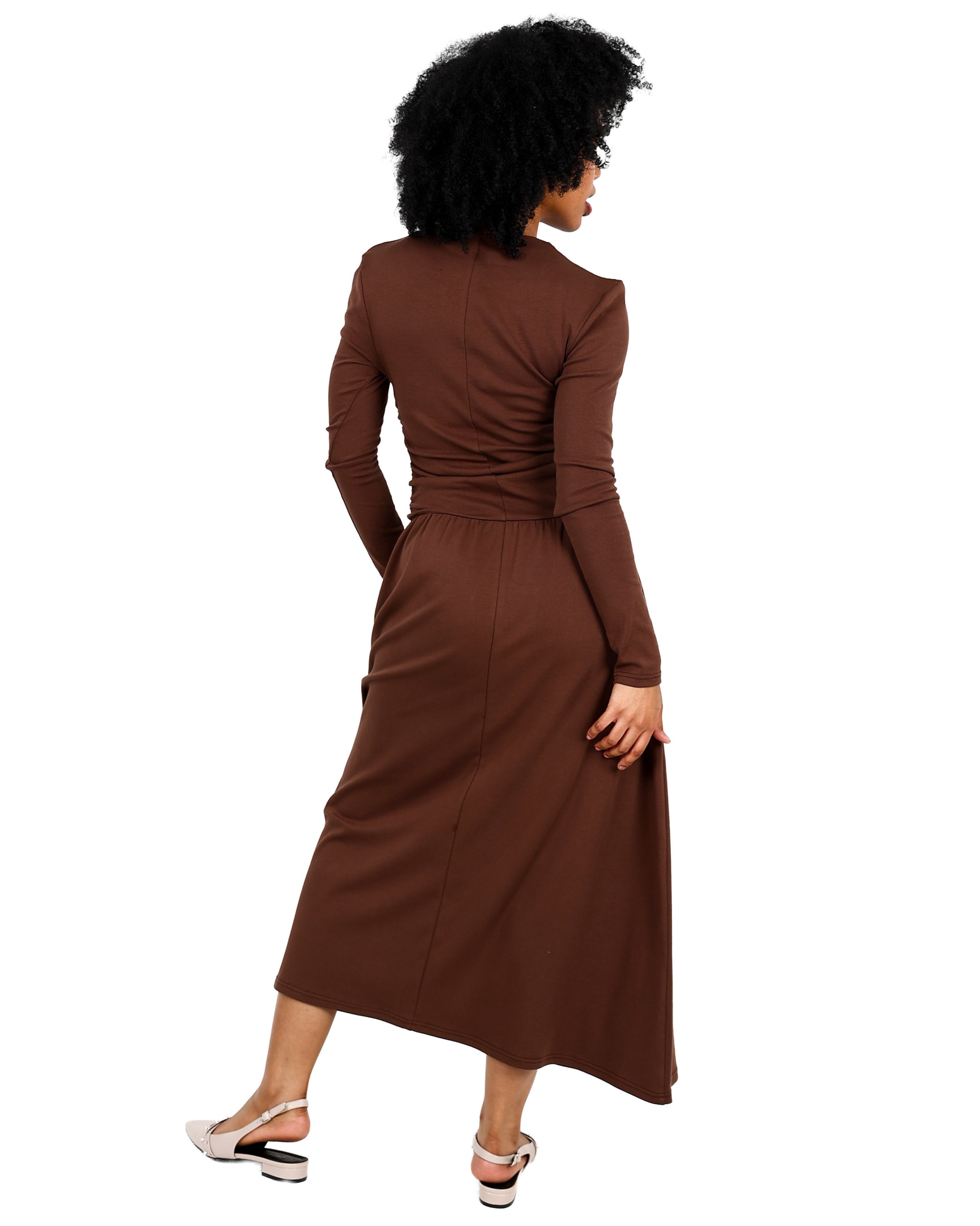 Dropped Waist Long Sleeve Chocolate Maxi Dress