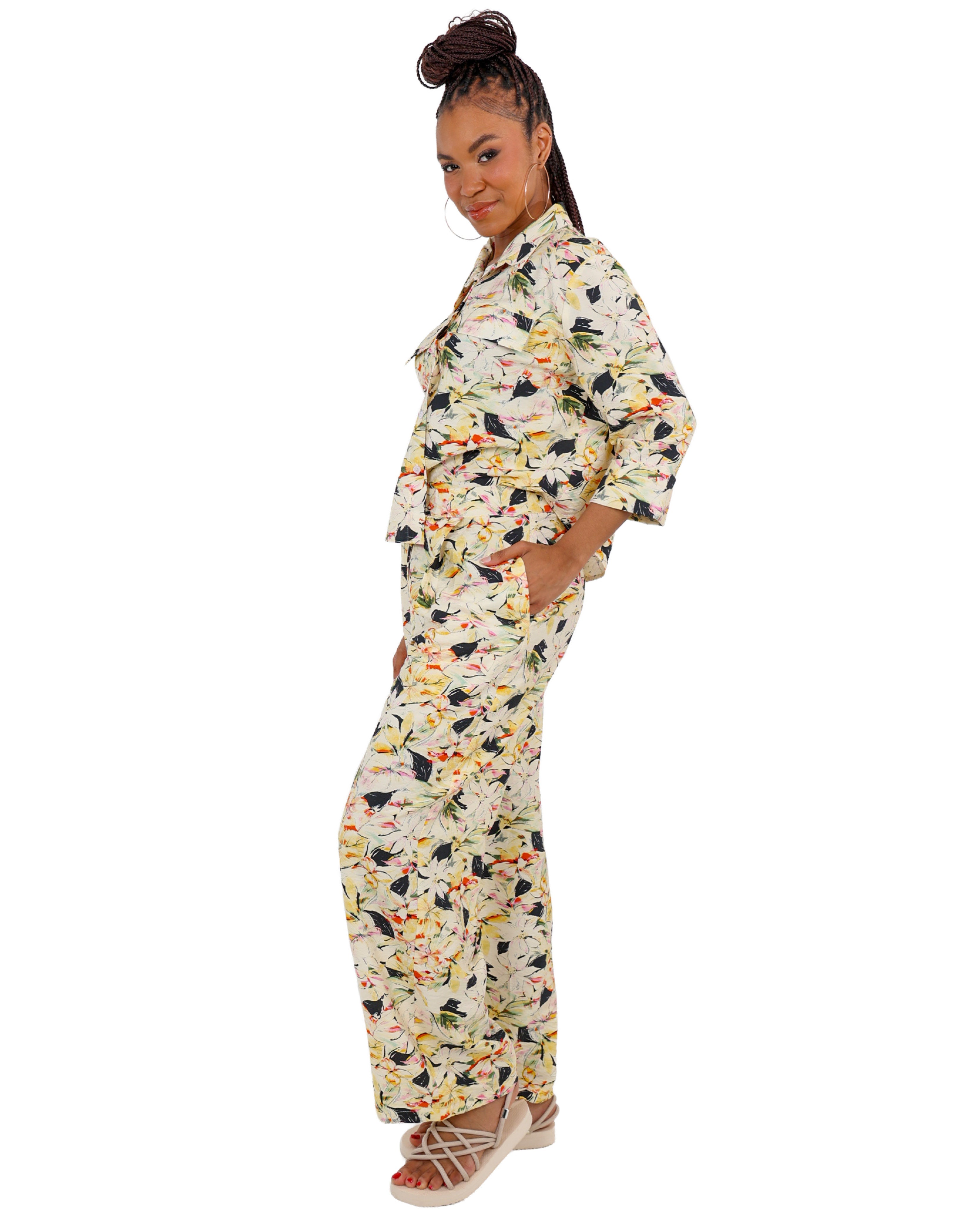 Yellow Floral Print Wide Leg Pants