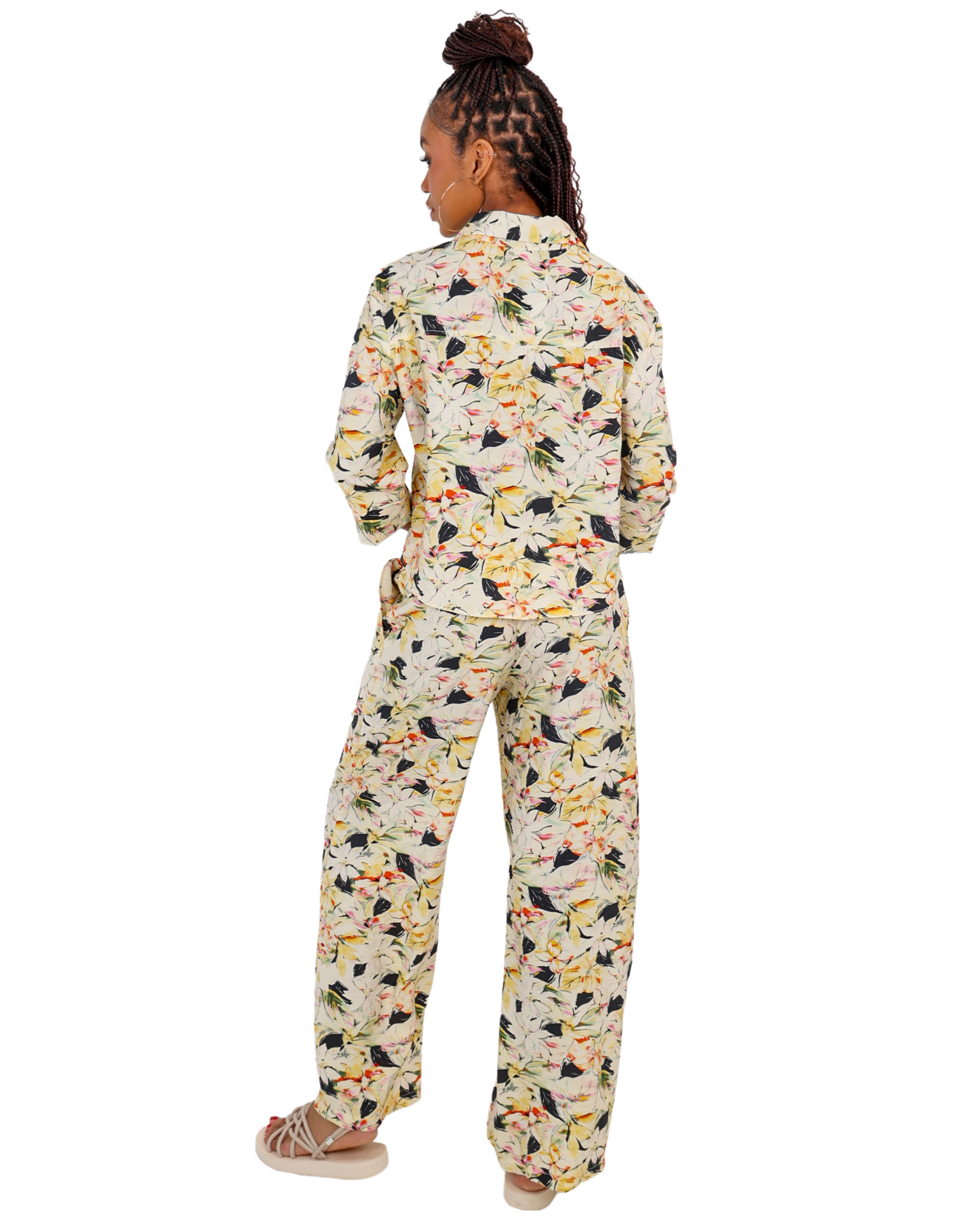 Yellow Floral Print Wide Leg Pants