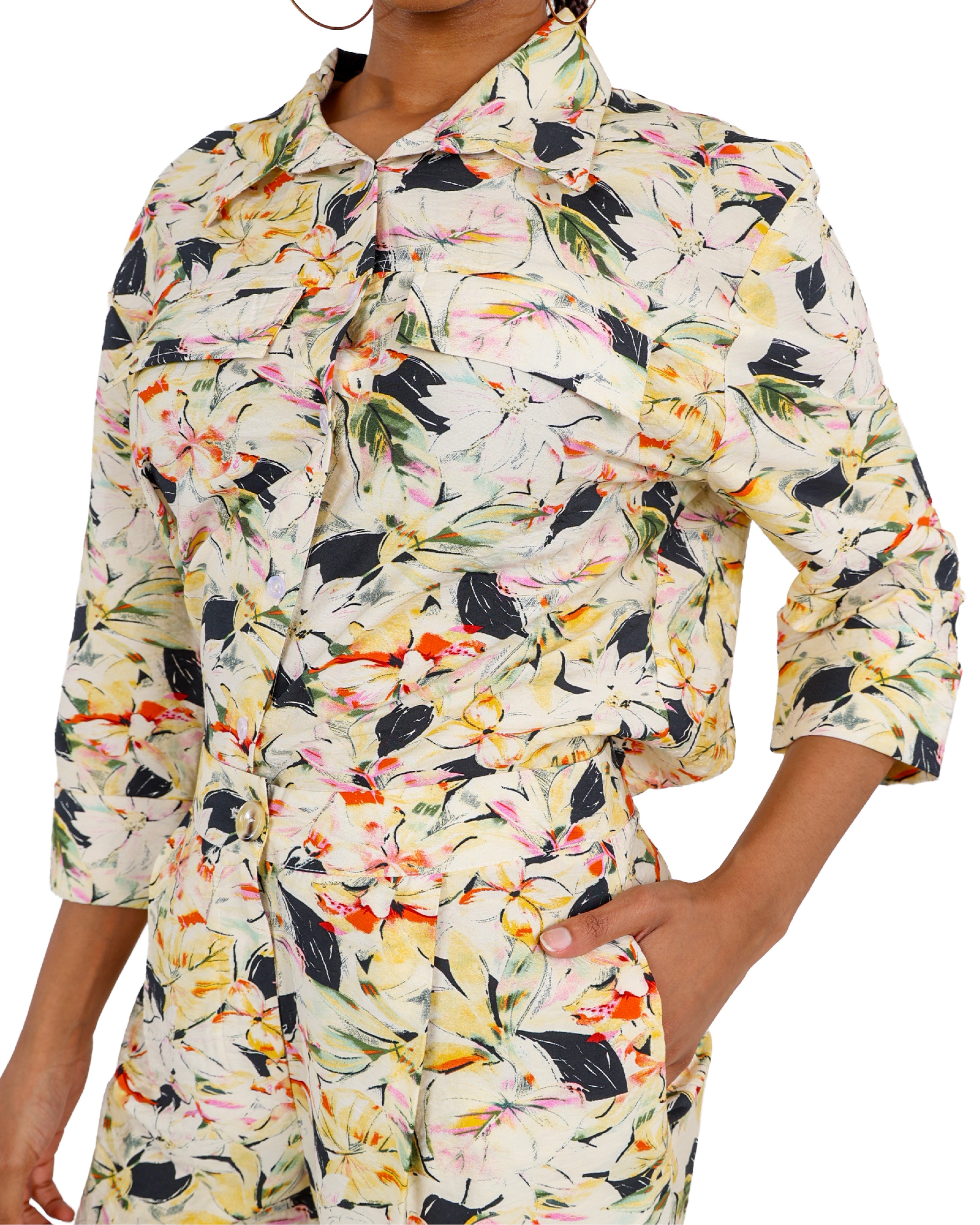 Yellow Floral Print 3/4 Sleeve Shirt