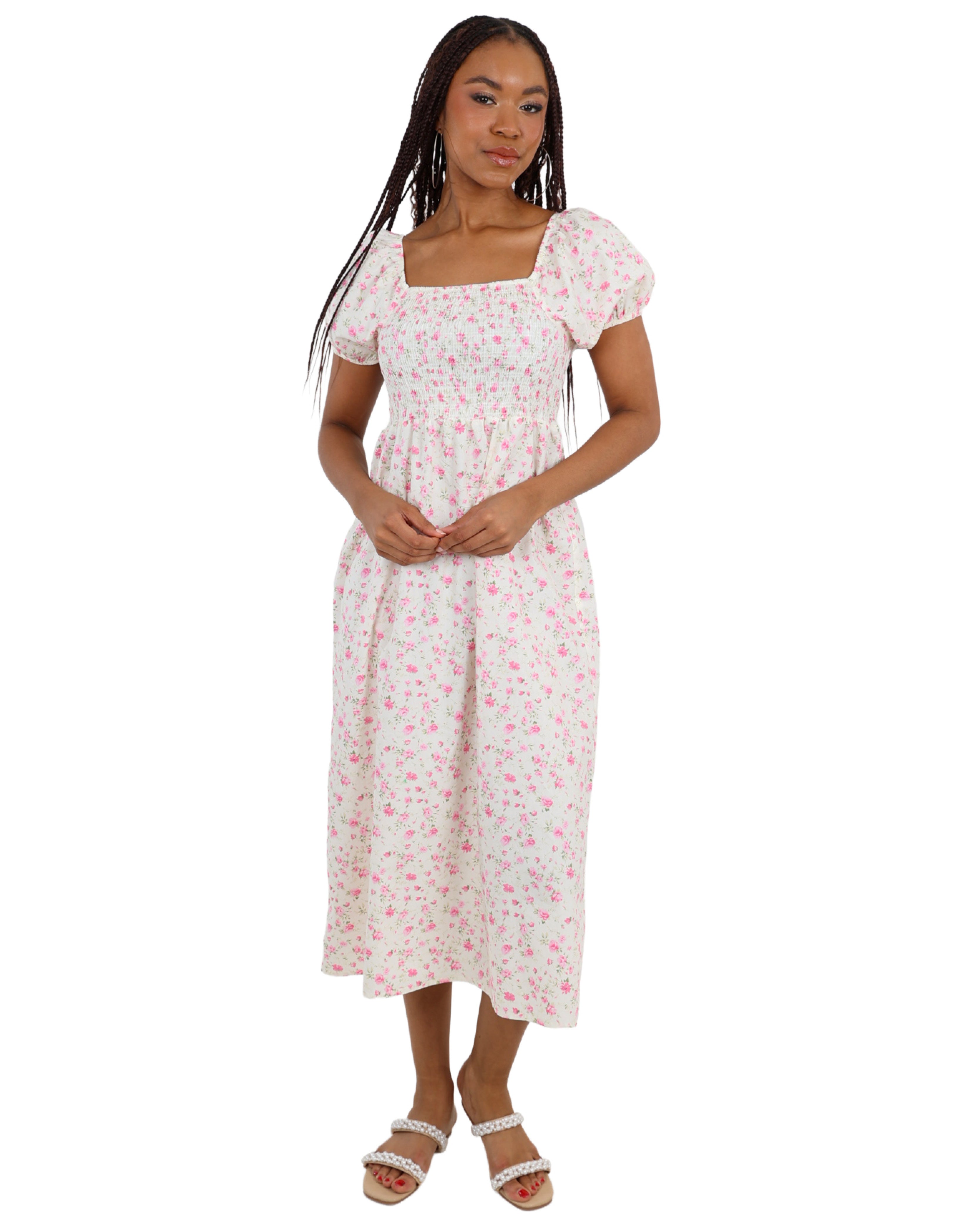 Floral Print Puff Sleeve Mid Dress