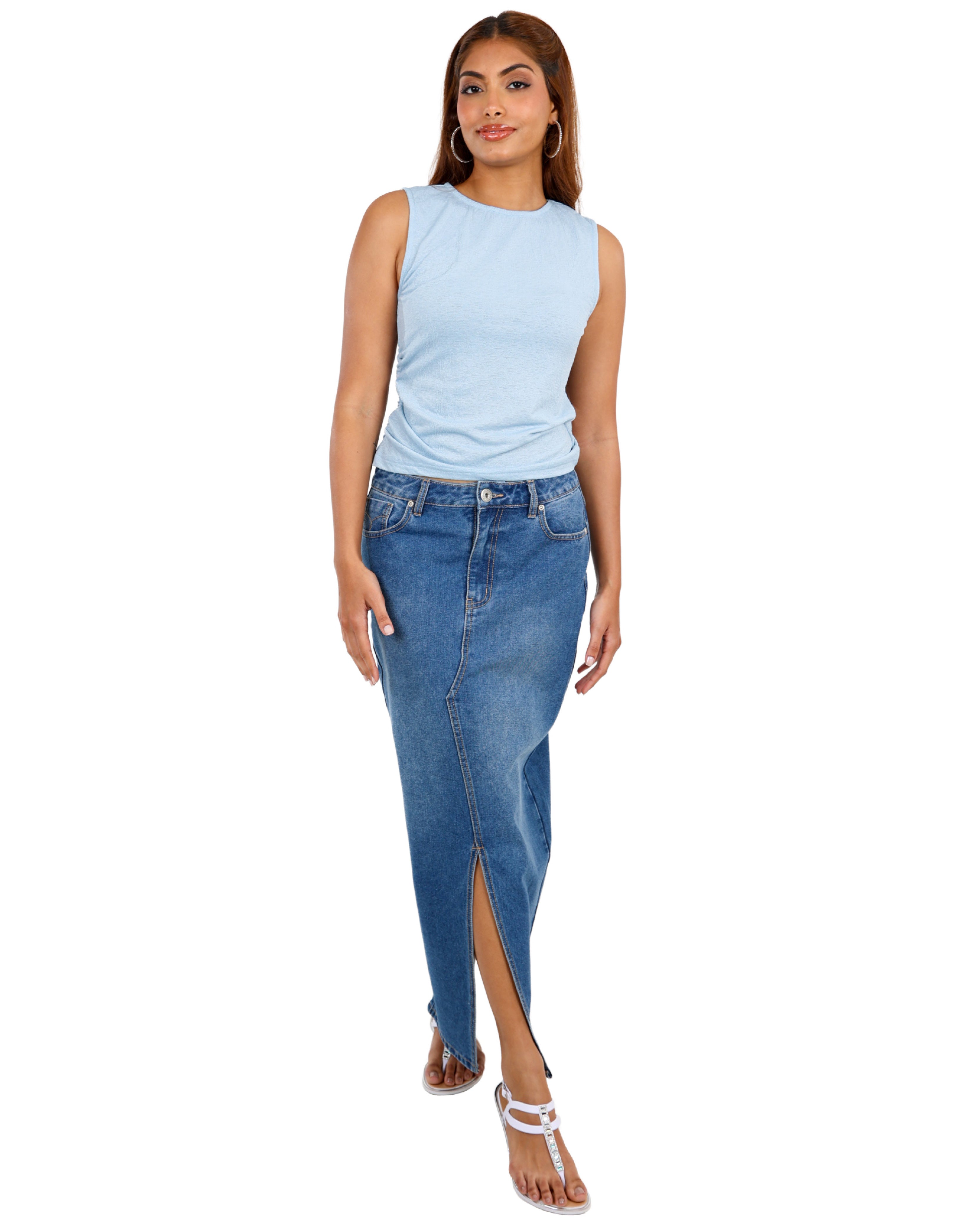 Light Indigo Denim Midi Skirt
