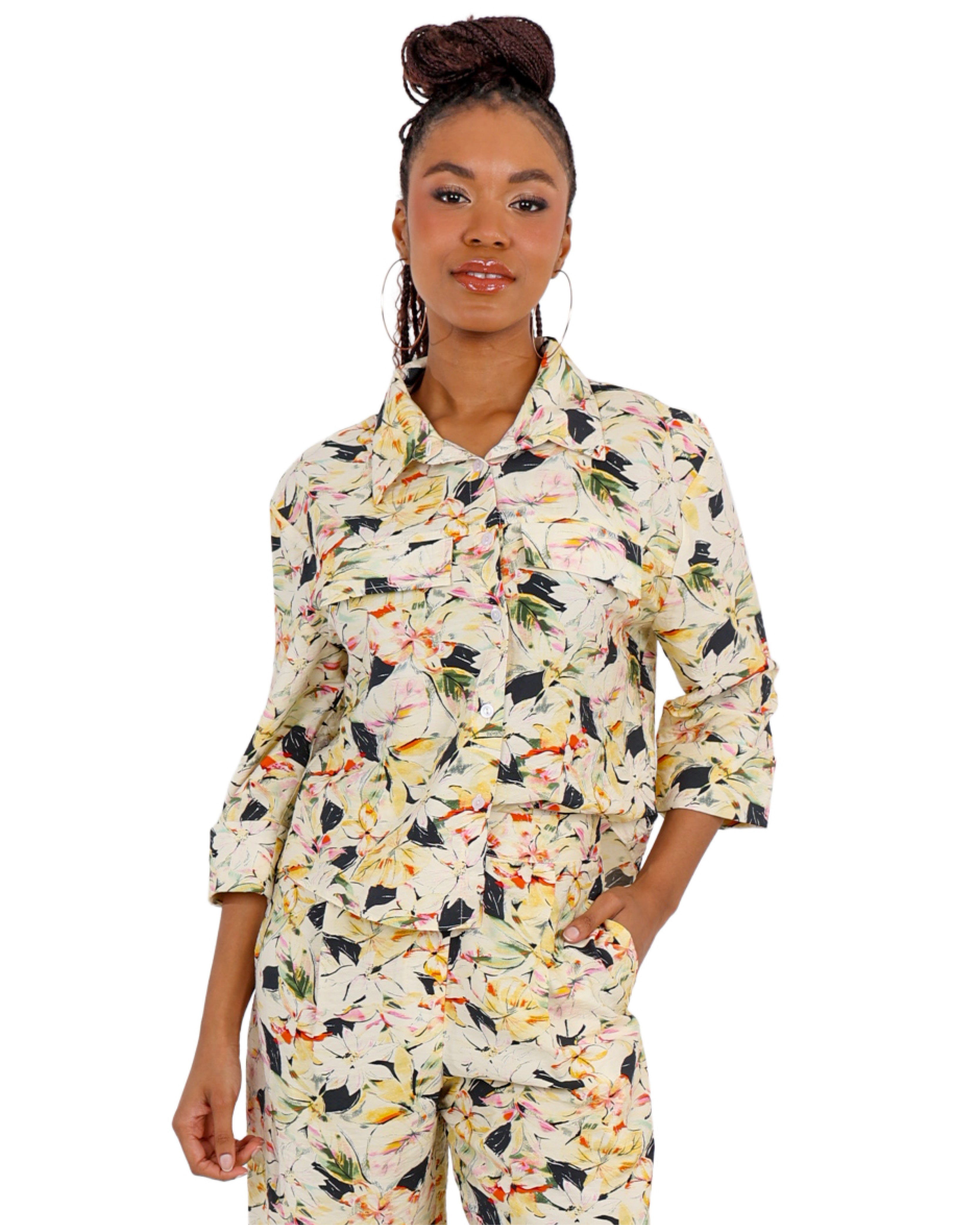 Yellow Floral Print 3/4 Sleeve Shirt