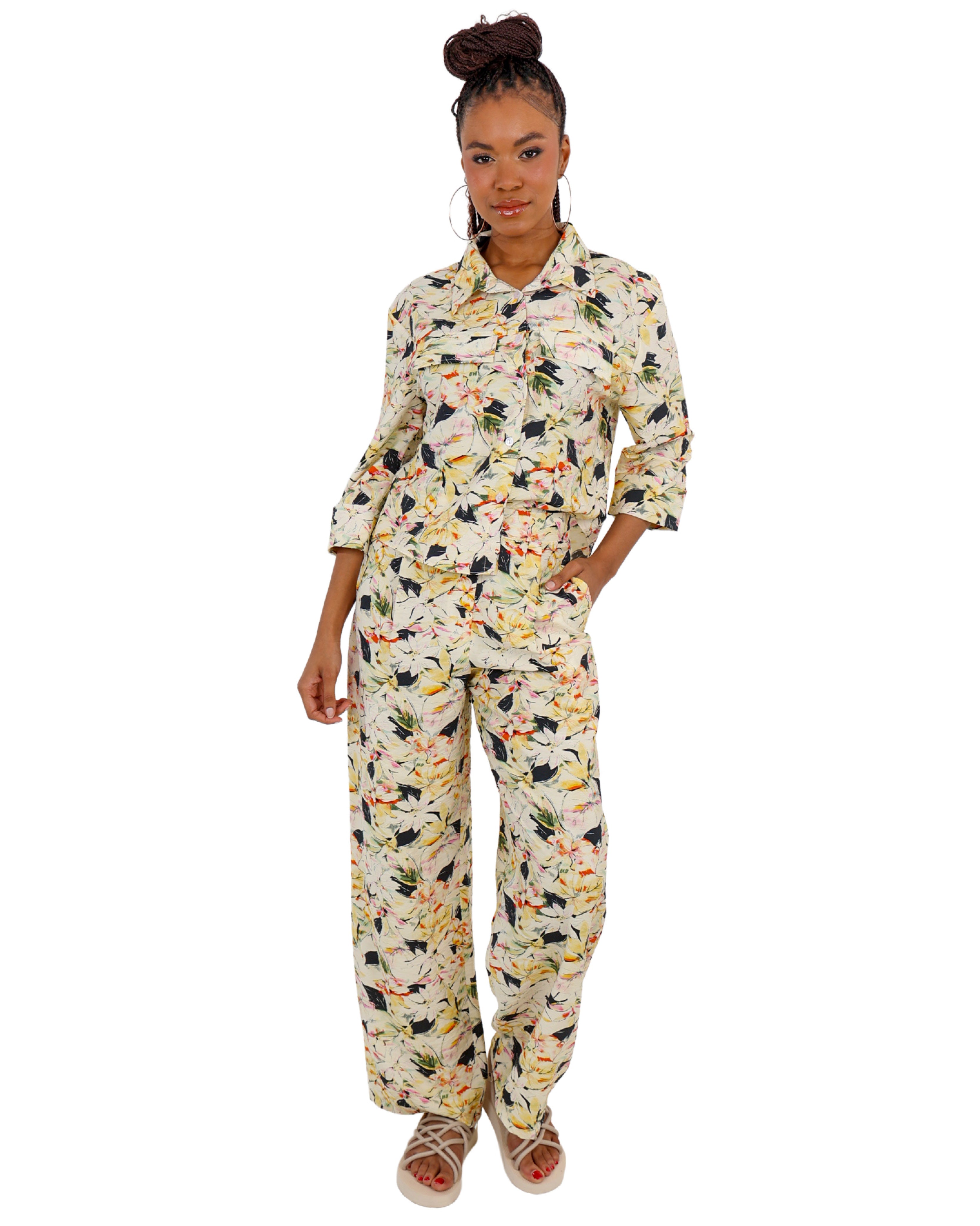 Yellow Floral Print Wide Leg Pants