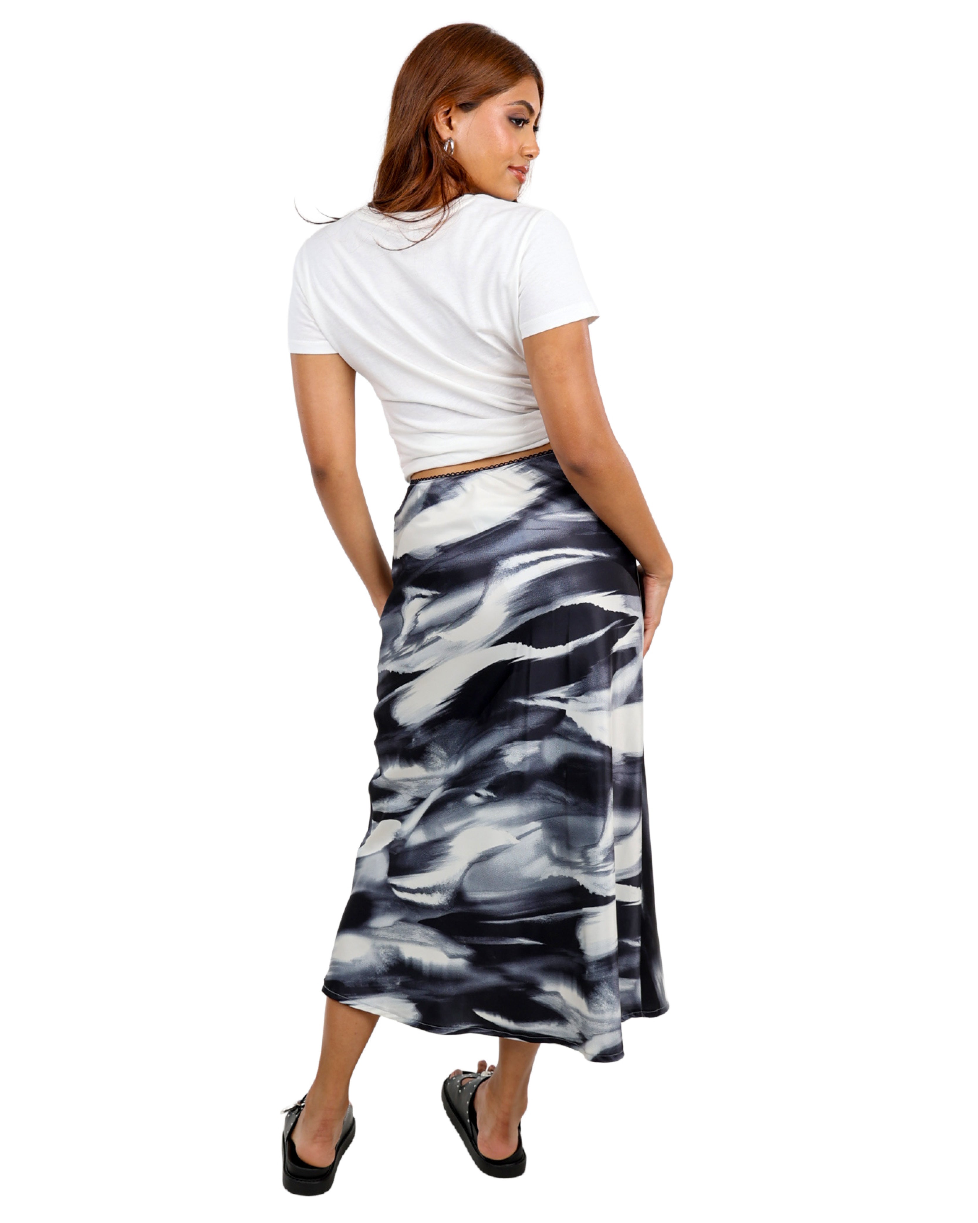 Monochrome Print Bias Cut Midi Skirt