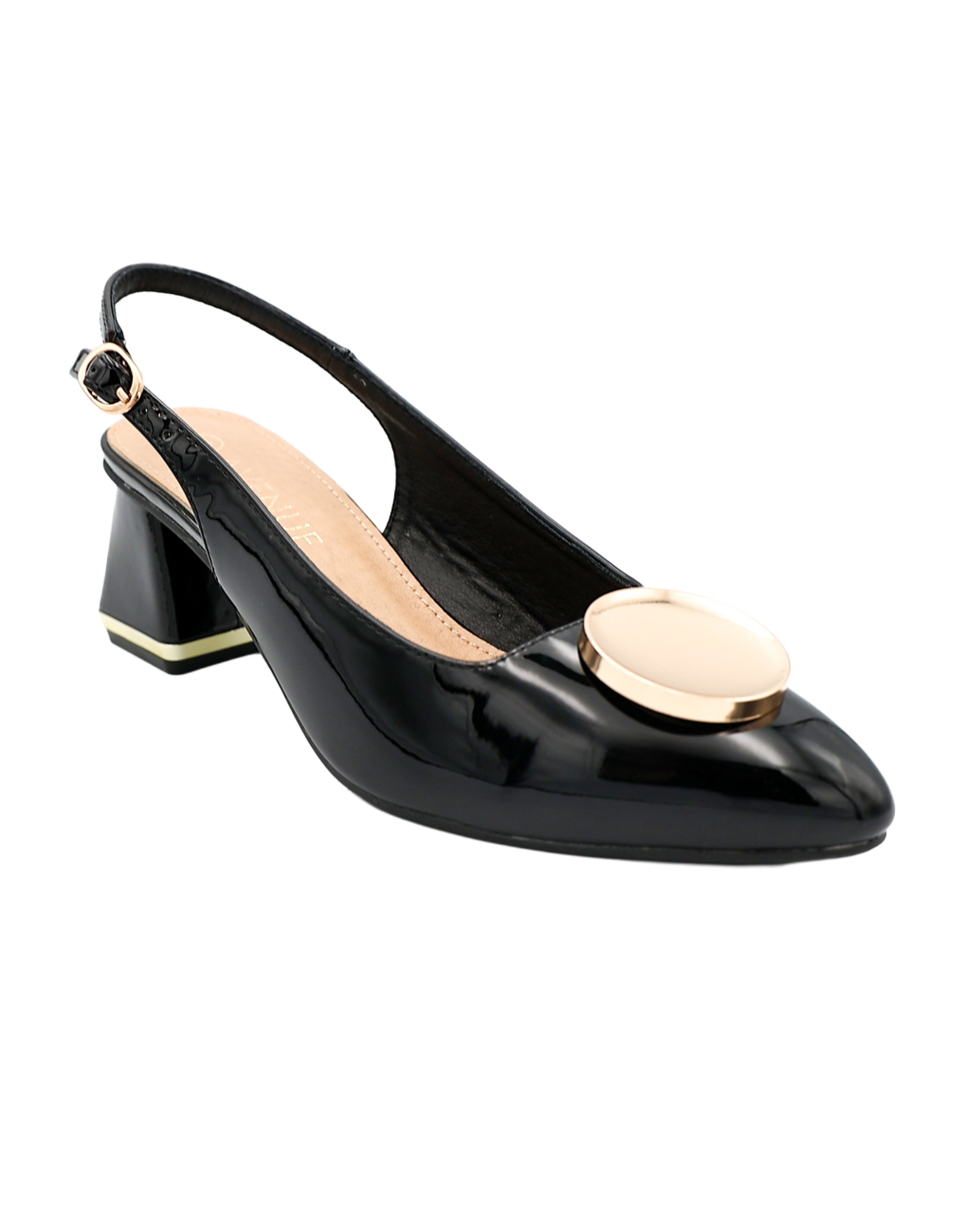 Black Disc Accent Slingback Block Heels