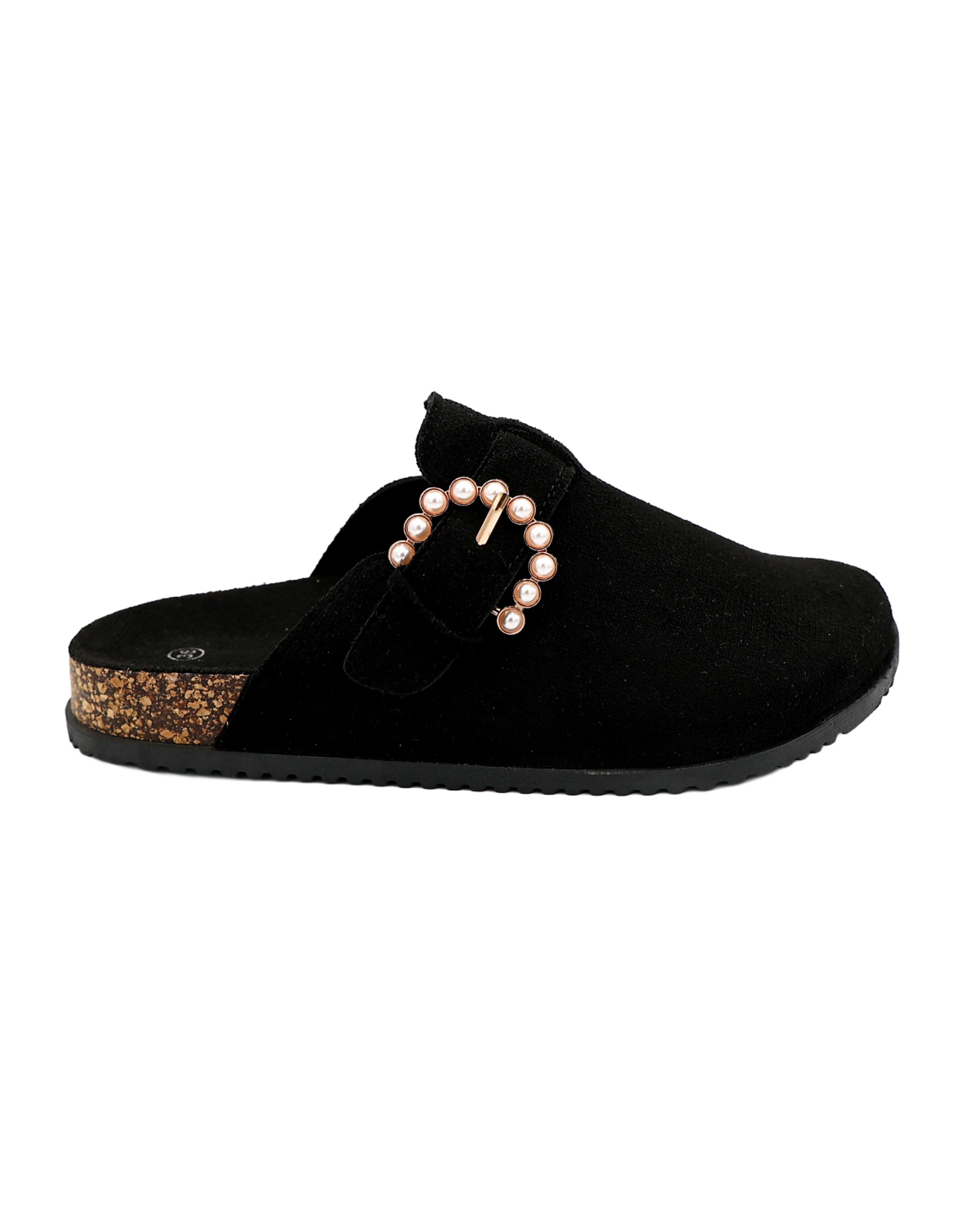 Black Suede-Look Pearl Buckle Closed Mules