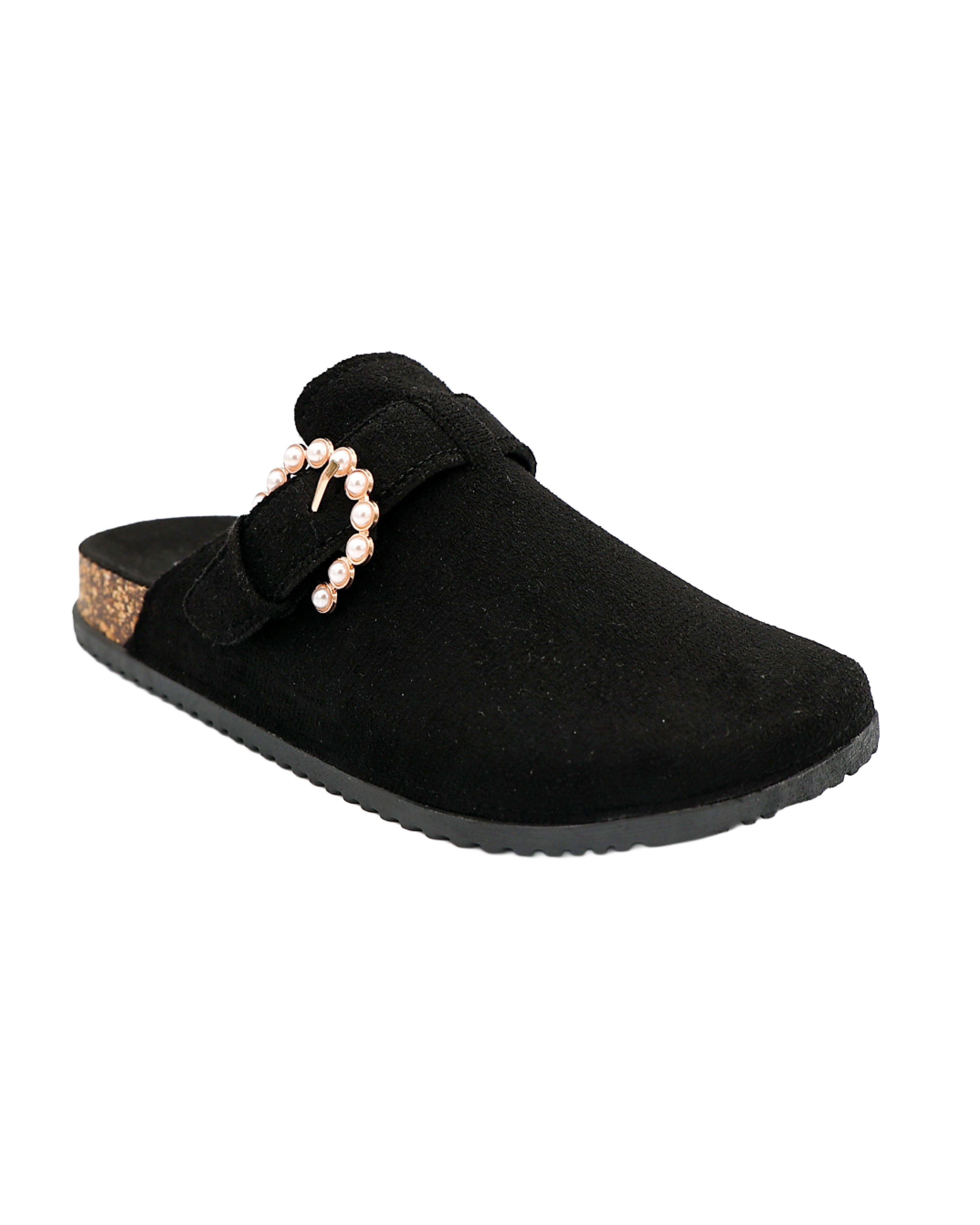 Black Suede-Look Pearl Buckle Closed Mules