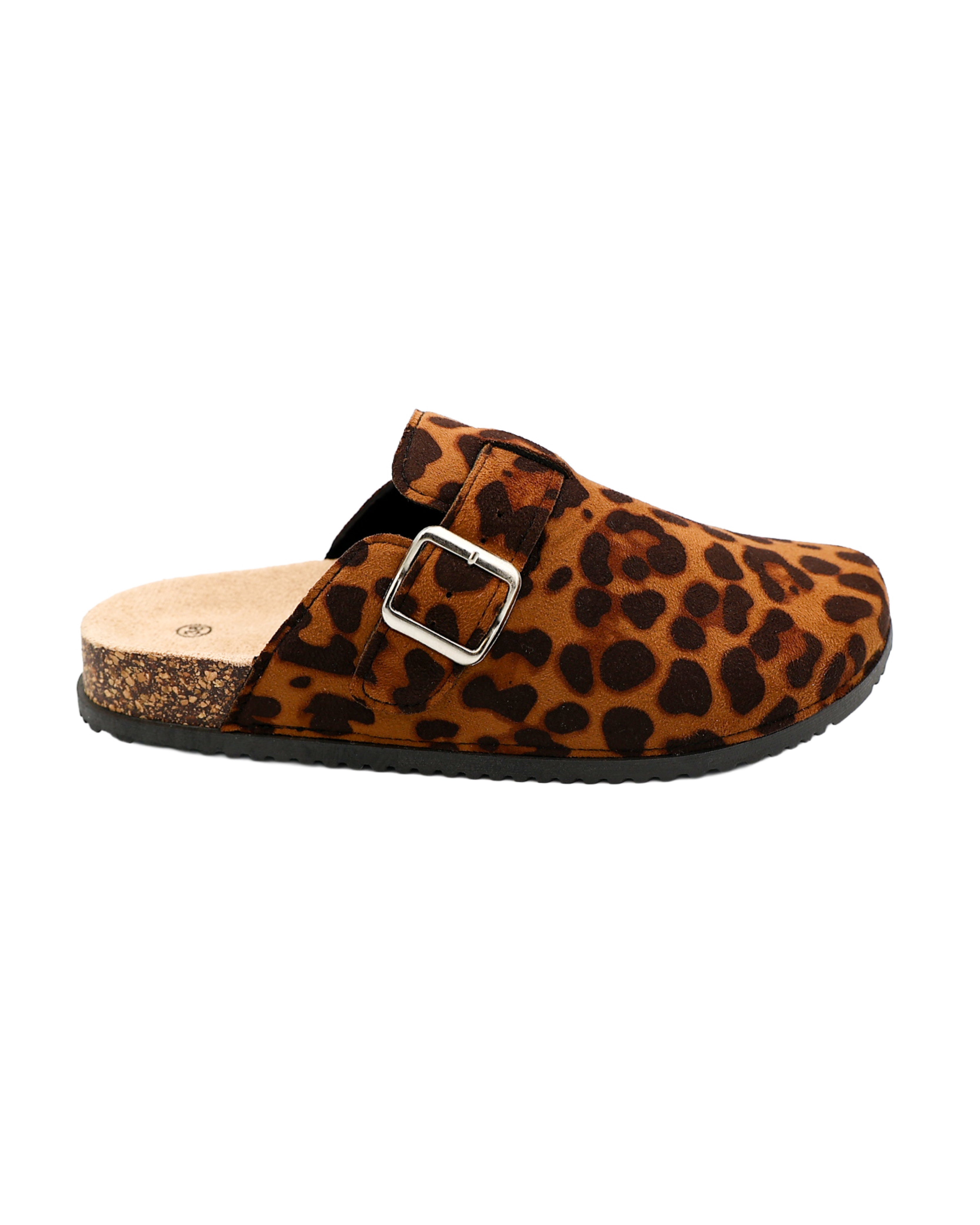 Tan Suede-Look Leopard Print Buckle Closed Toe Mules