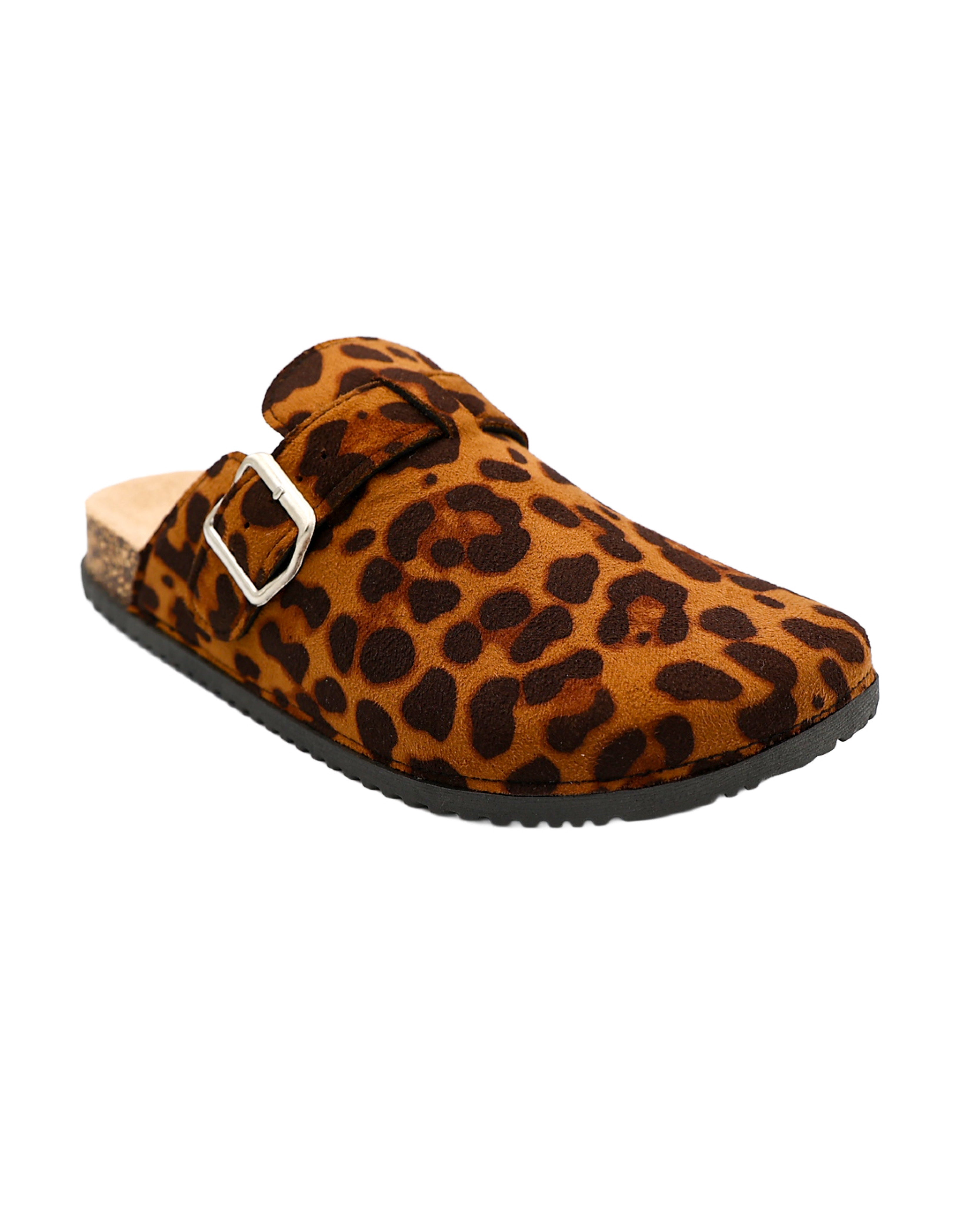 Tan Suede-Look Leopard Print Buckle Closed Toe Mules