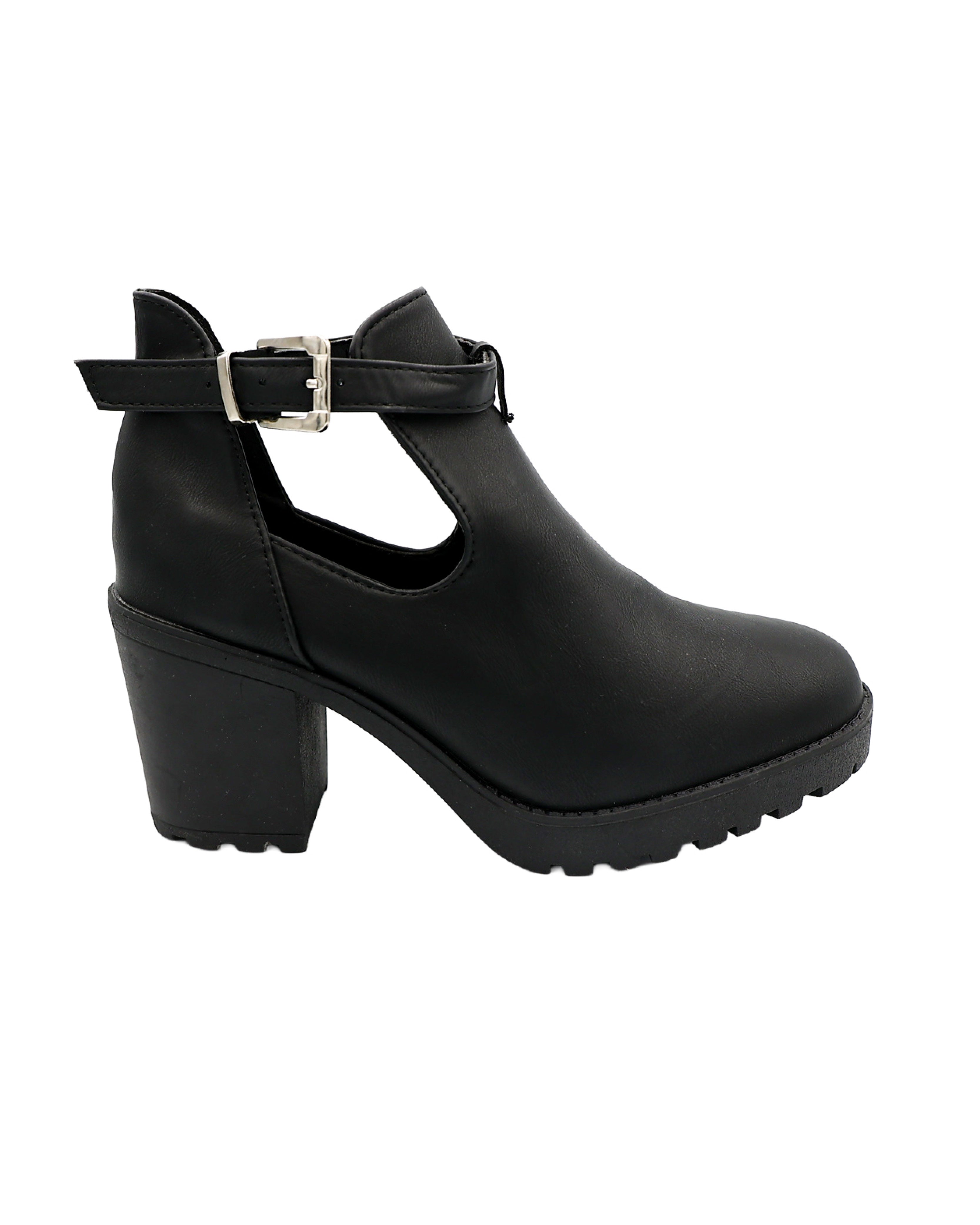 Black Ankle Buckle Cut Out Block Heel Boot