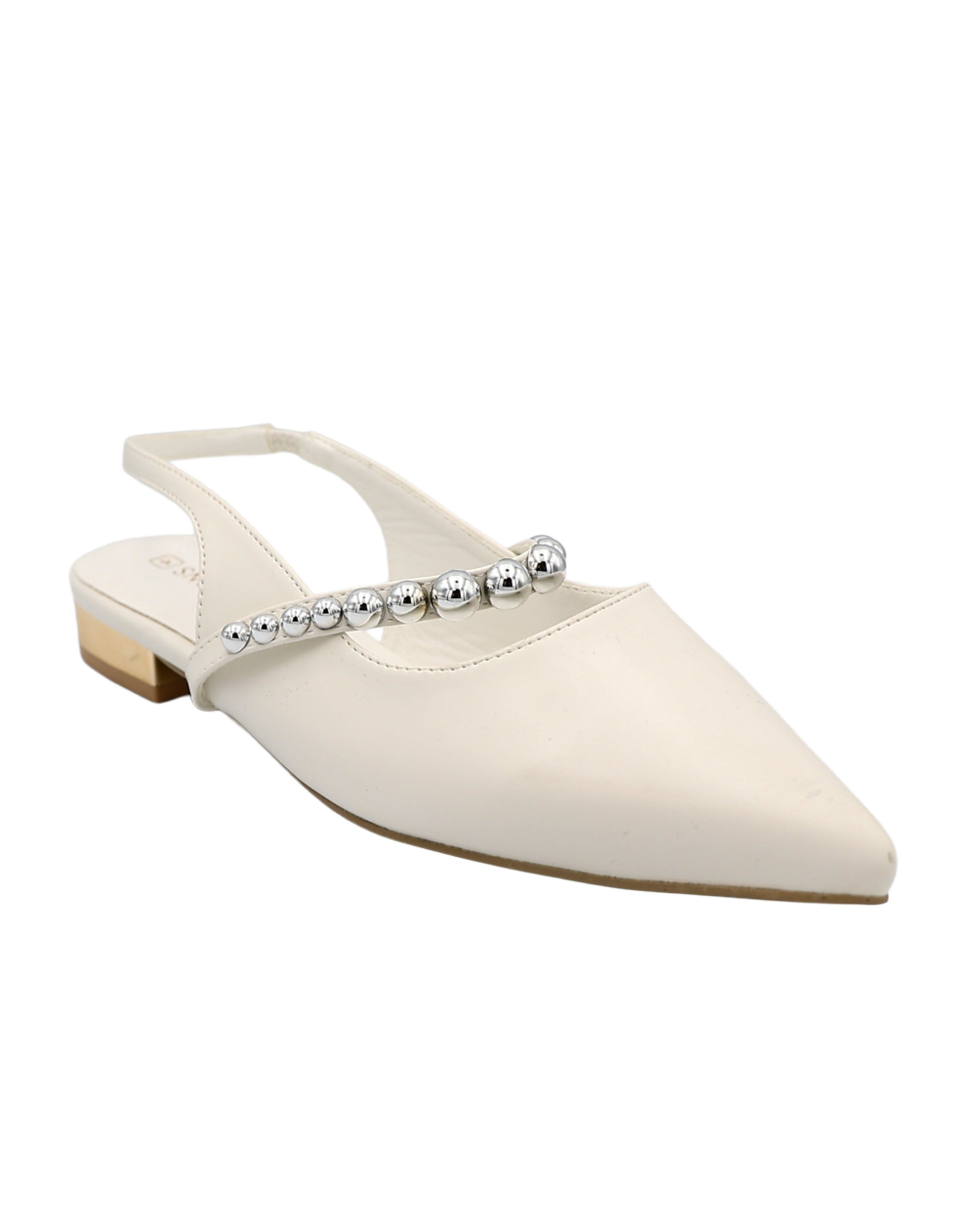 White Dome Studded Bar Slingback Pumps