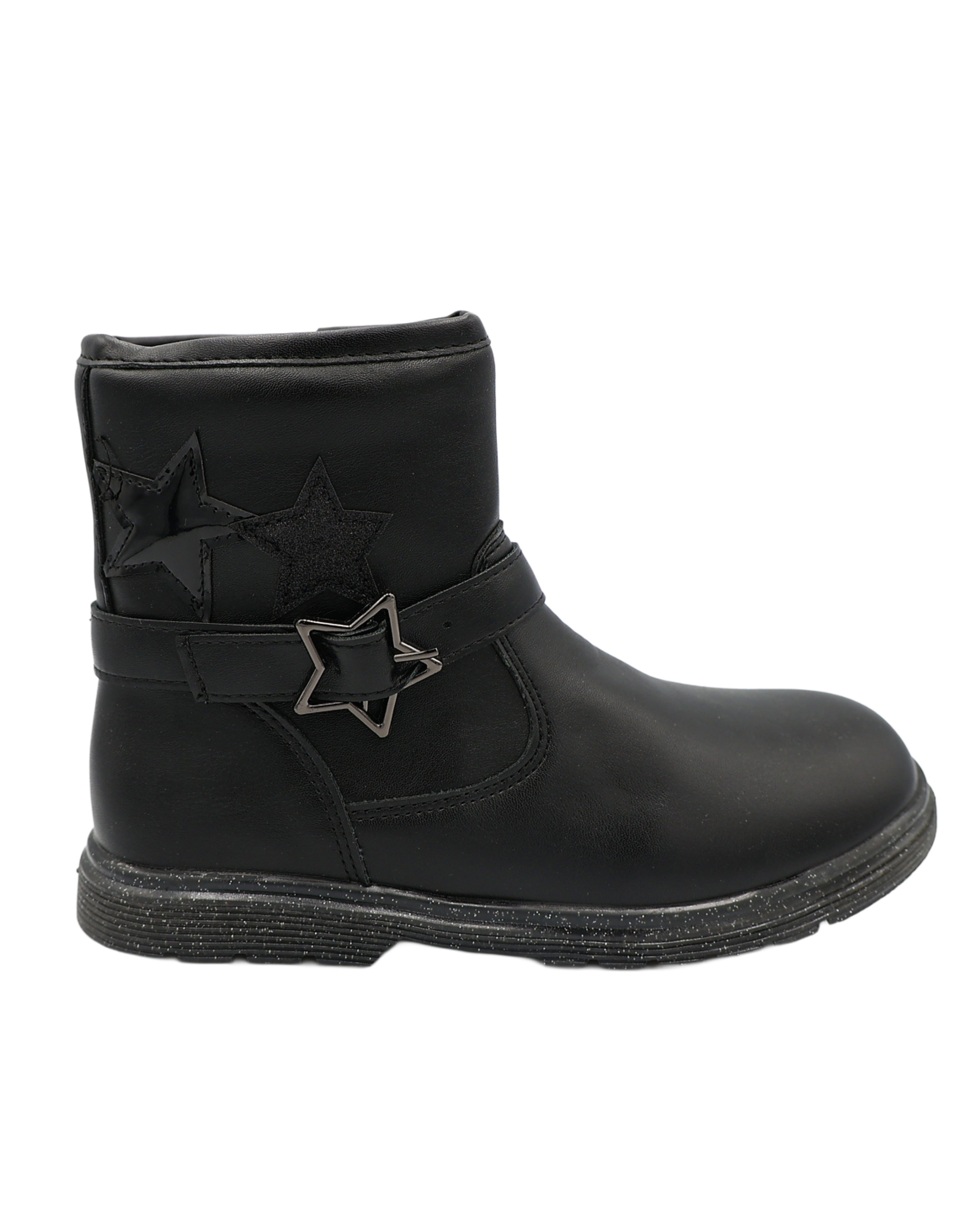 Girls Black Star Buckle Mid Calf Boot