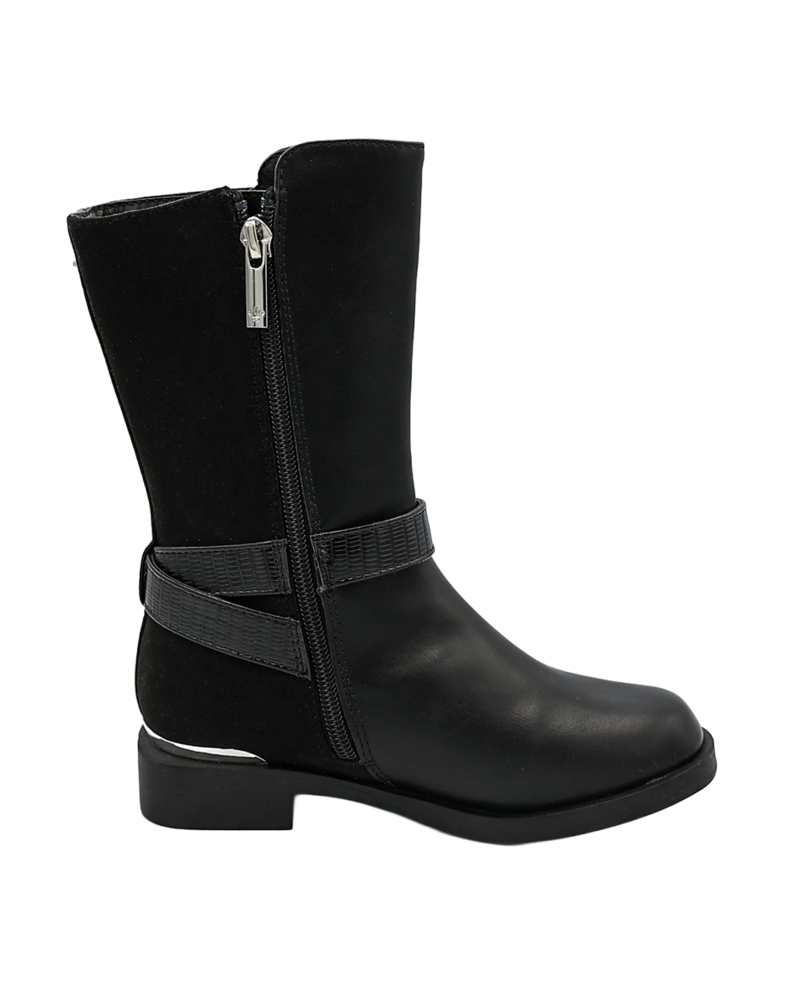 Girls Black Wrap Strap Mid Calf Boots