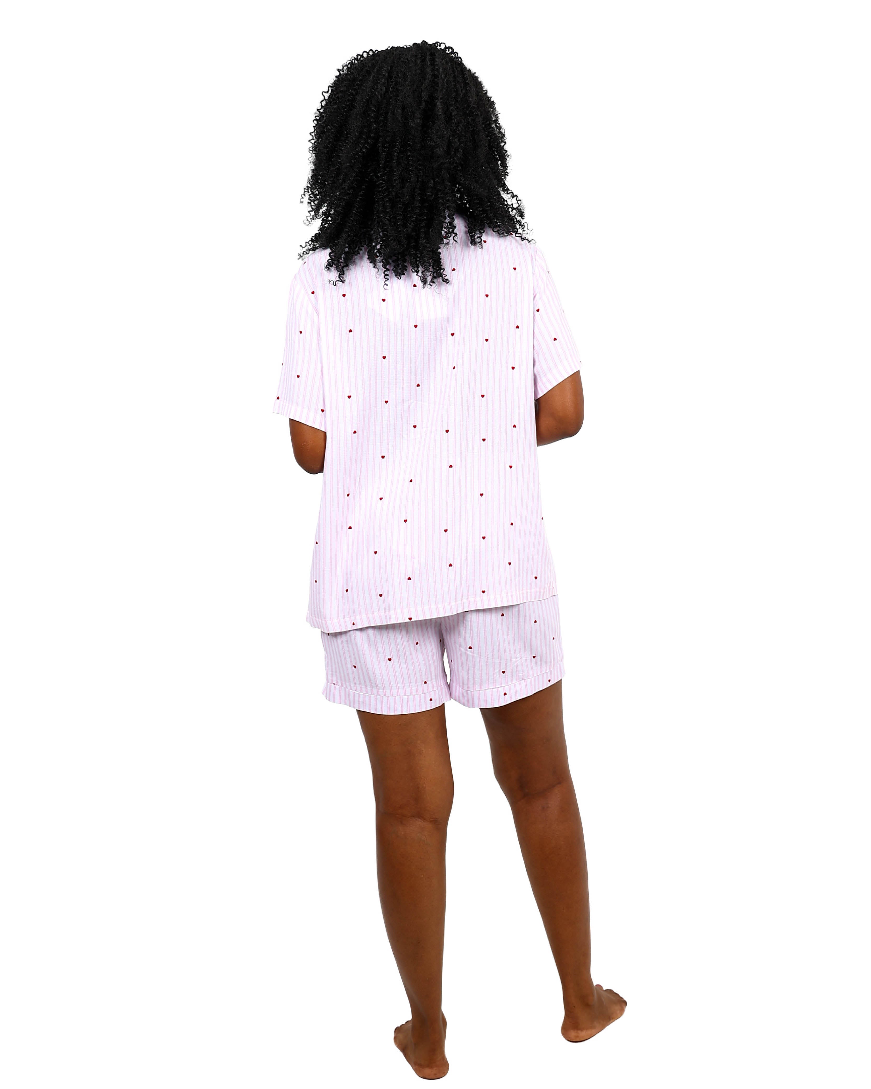 Short Sleeve Pink Stripe & Heart Print Short Pajama Set