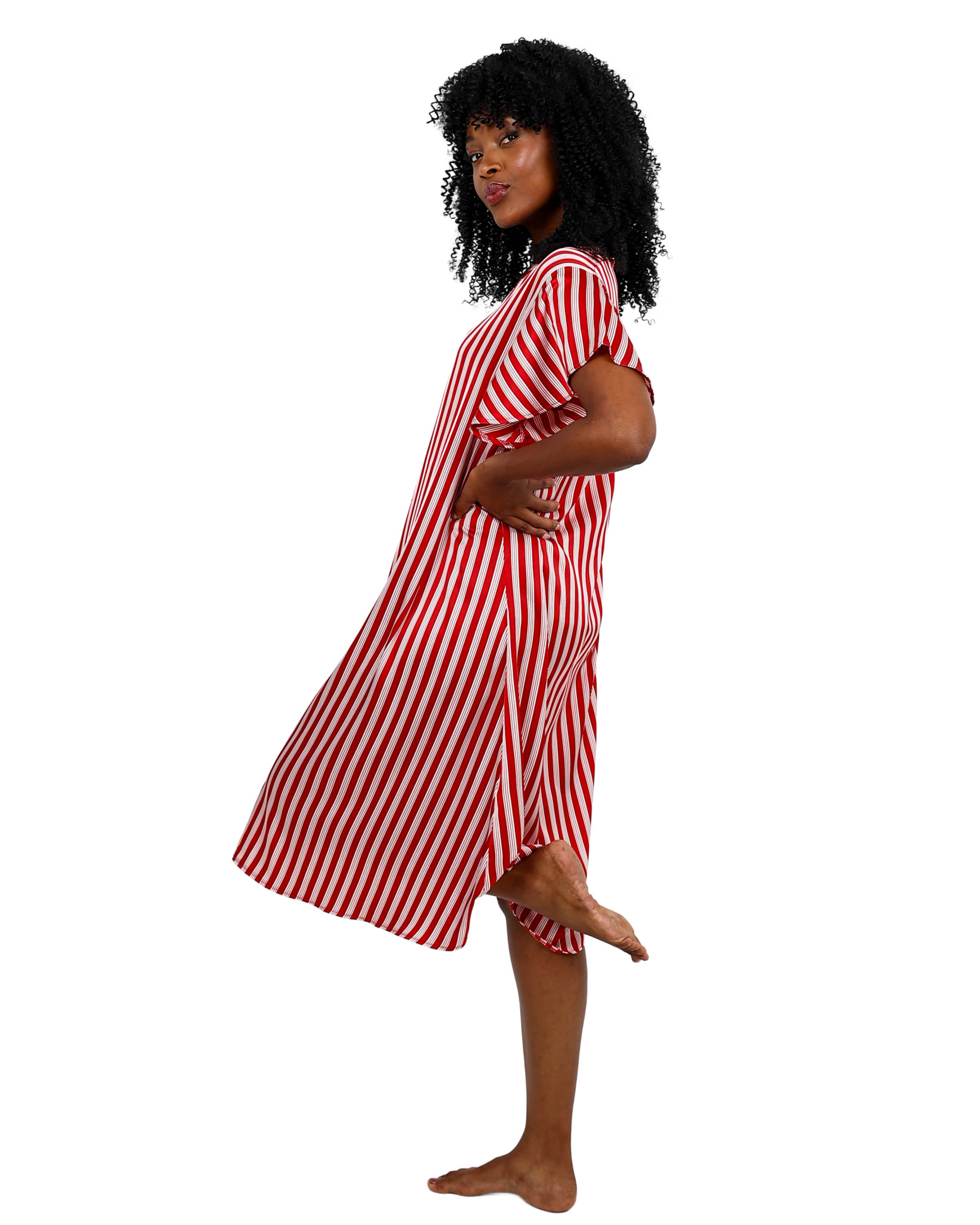 Short Sleeve Red & White Kaftan Style Satin Sleepshirt