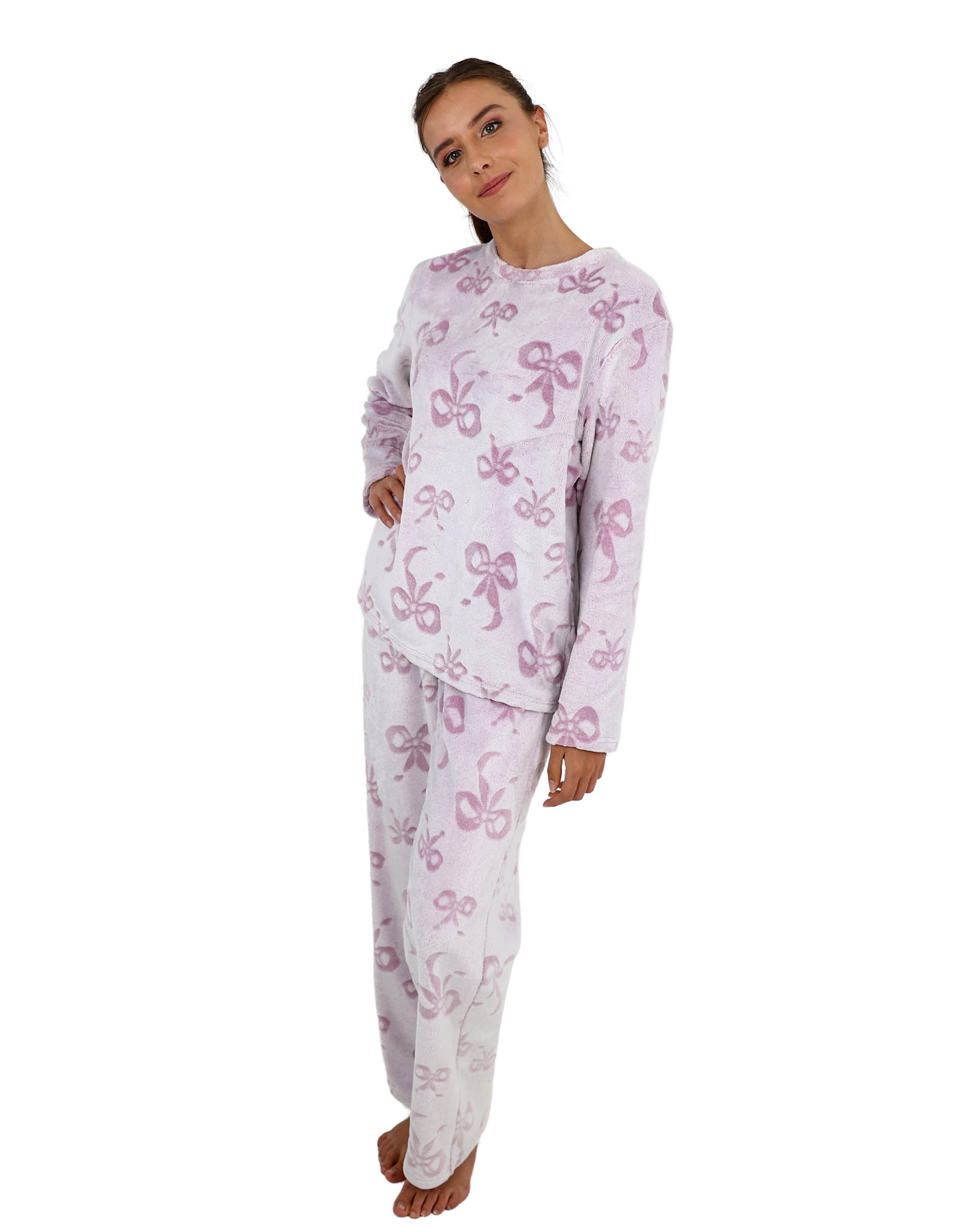 Long Sleeve Embossed Bow Fleece Pyjama Pant Set