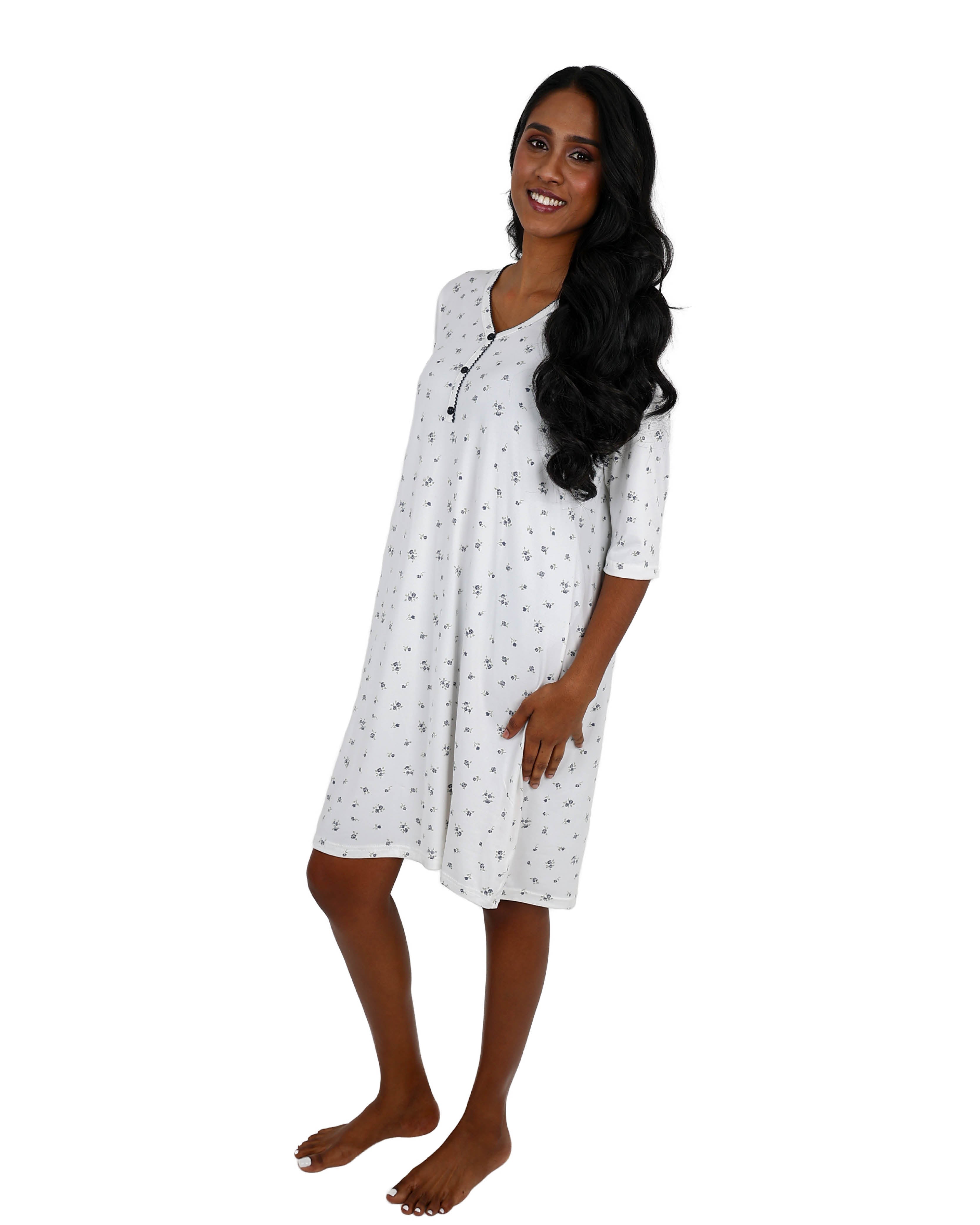 3/4 Sleeve Grey Floral Henley Sleepshirt