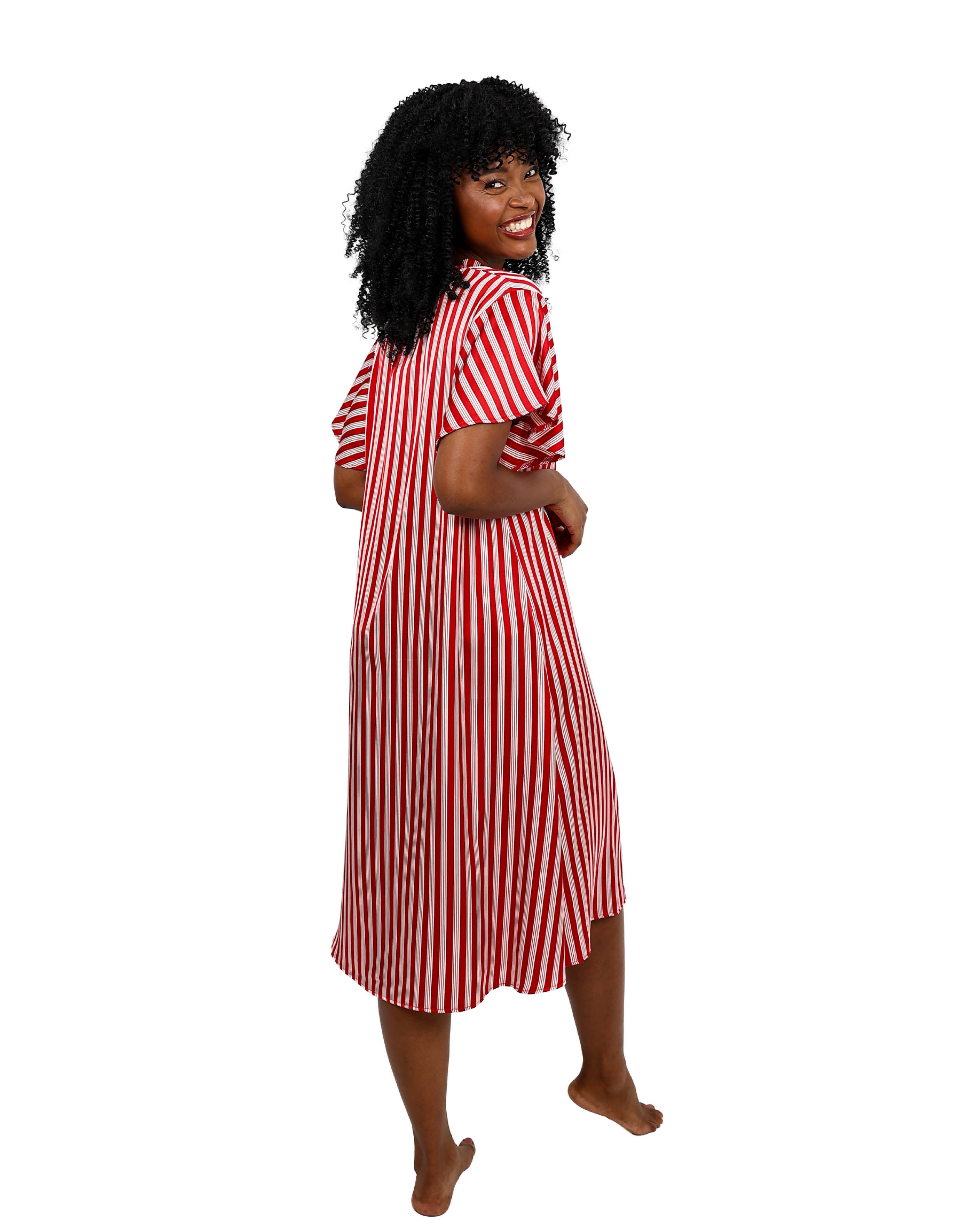 Short Sleeve Red & White Kaftan Style Satin Sleepshirt