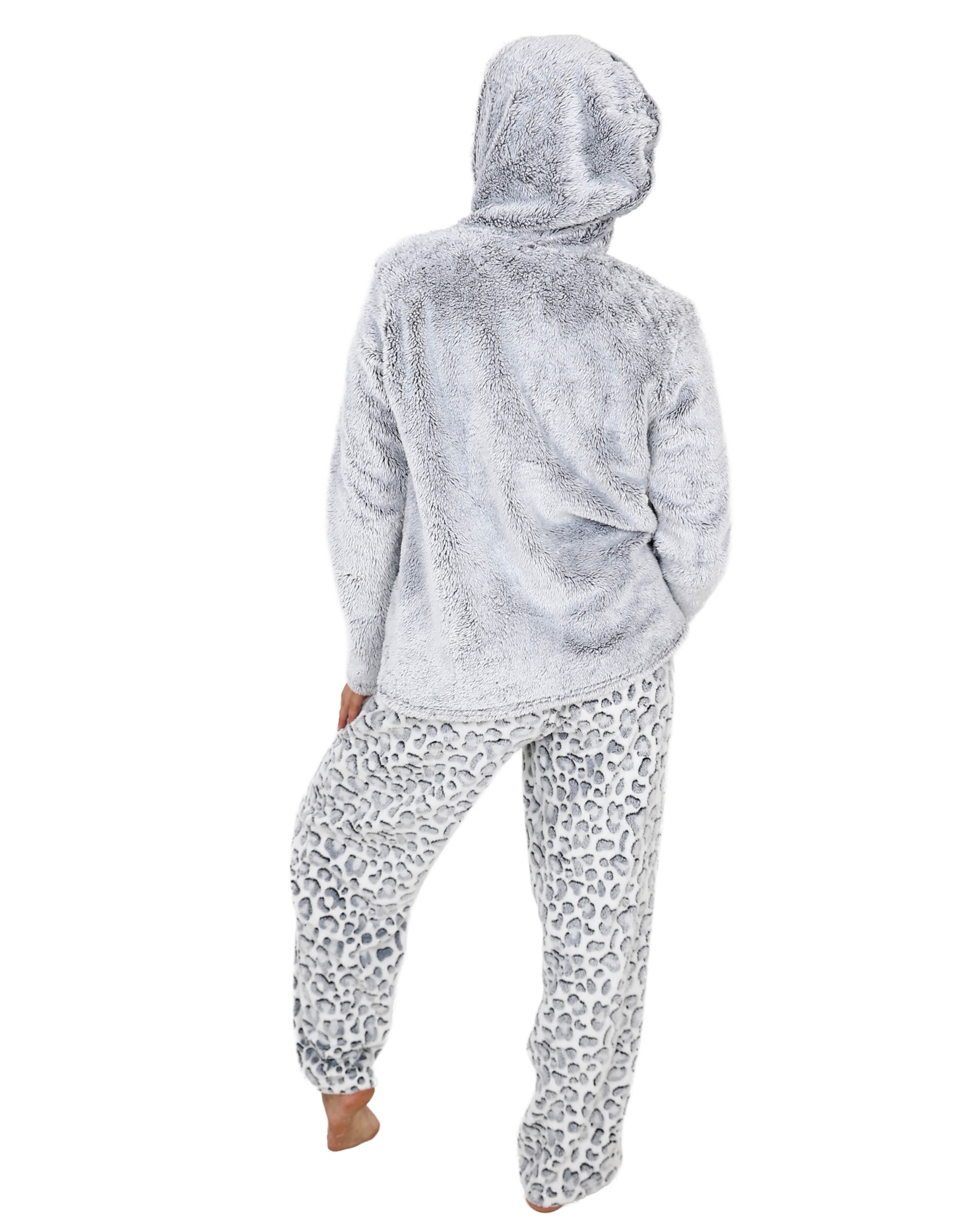 Long Sleeve Silver Plush Hooded Leopard Print Long Pyjama Set